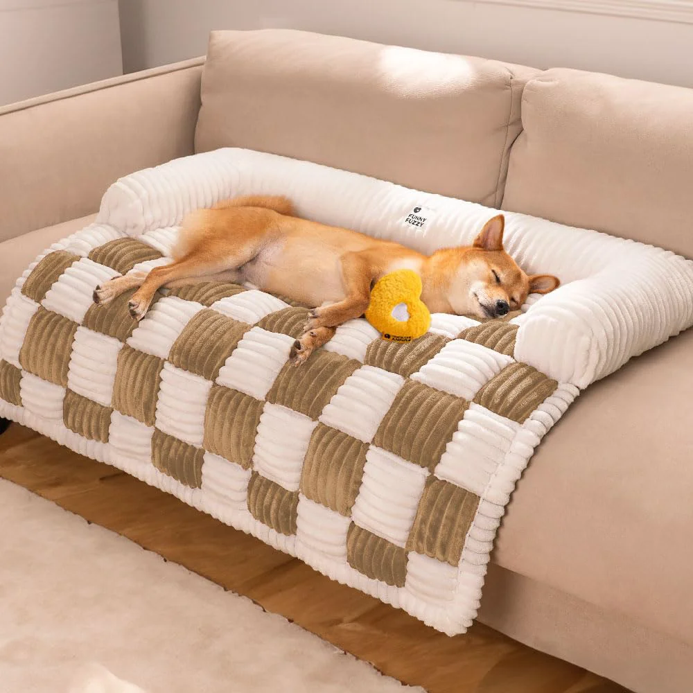 User-Friendly Funny Fuzzy Pet Couch Covers for Sofa – Cream Plaid Large Dog Bed Cover Reliable