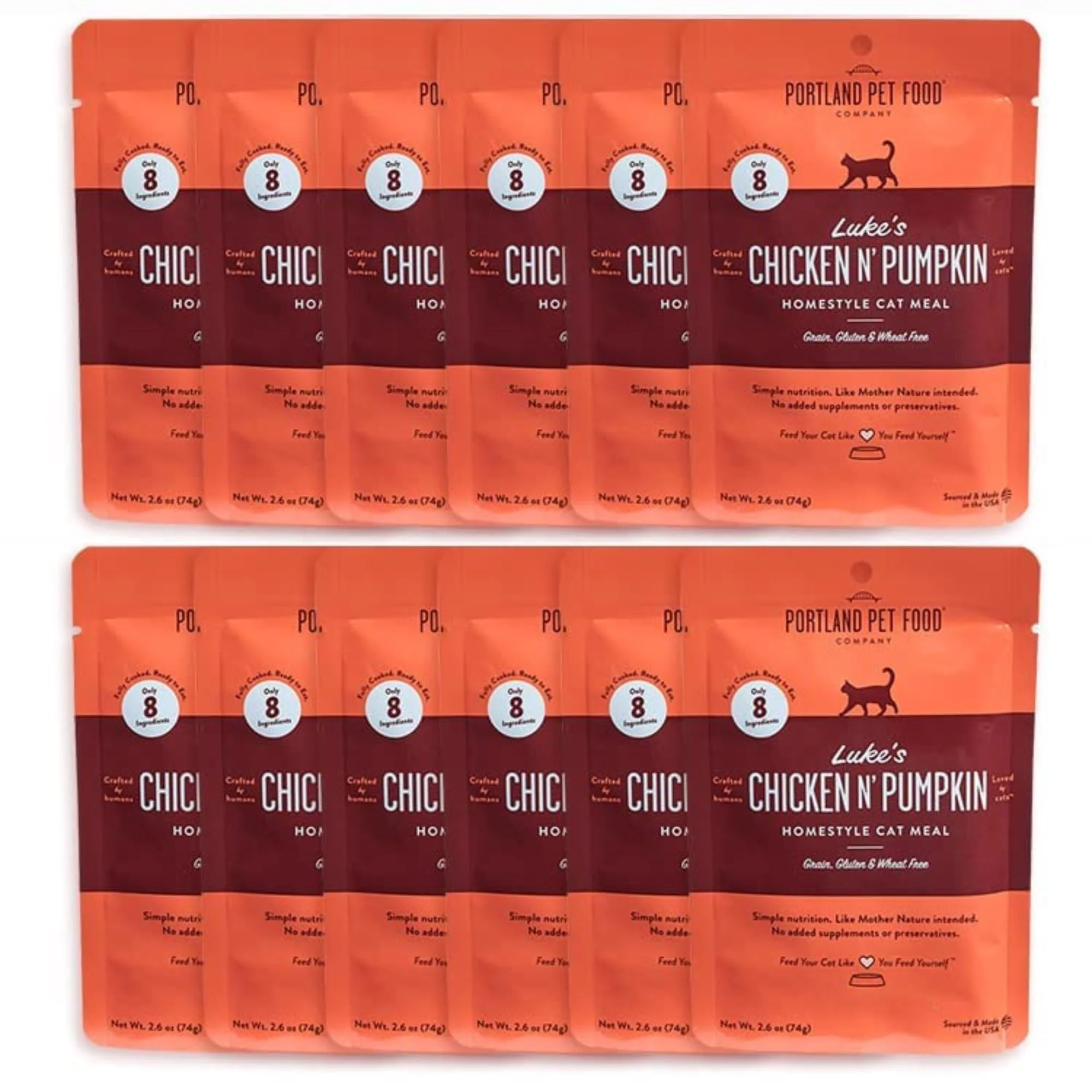 Dependable Portland Pet Food Company Luke's Chicken N' Pumpkin — Human-Grade Wet Cat Food Pouches 12 Pack Mixed Variety Minimalist