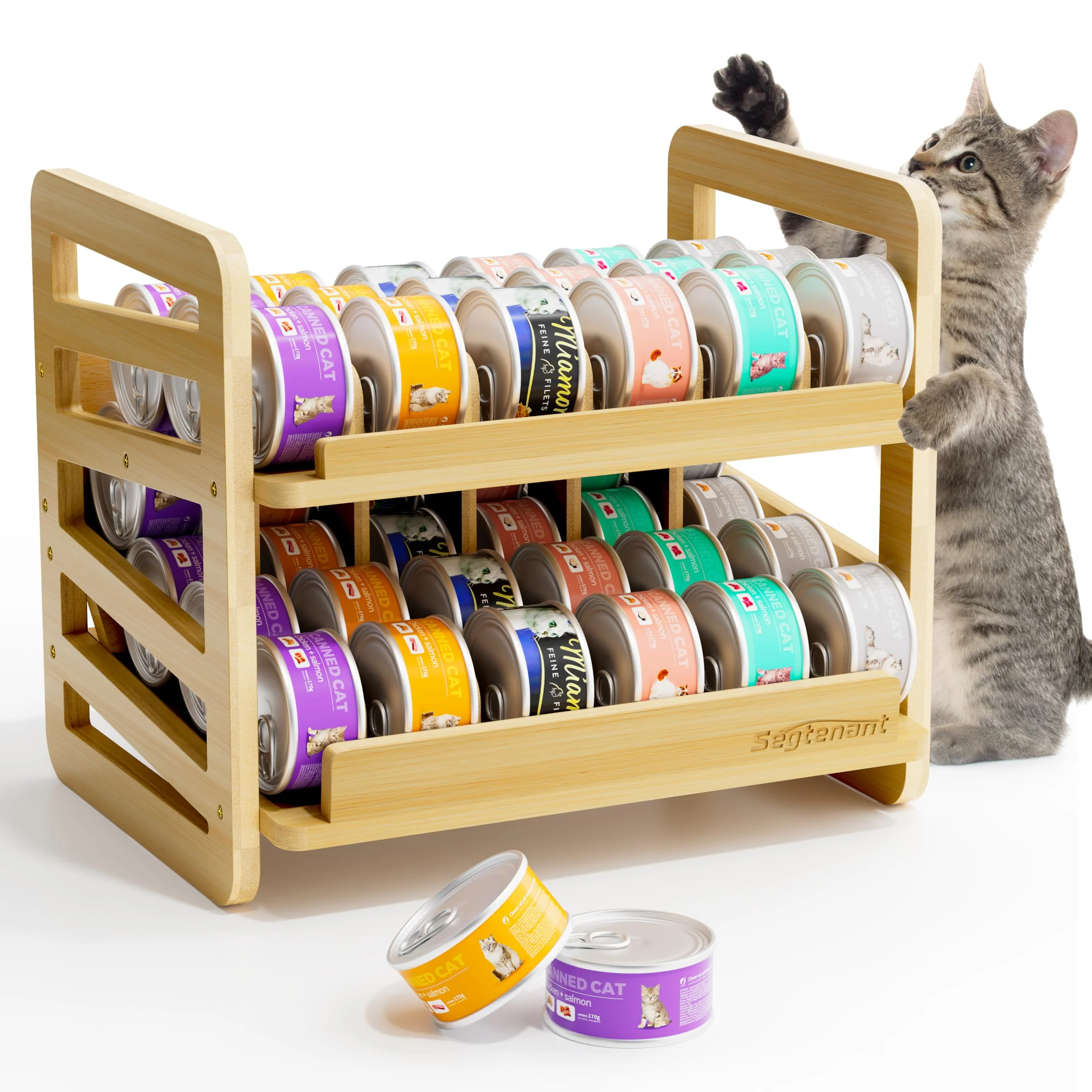 Authentic Rolling Bamboo Cat Food Can Organizer - 2-Layer FIFO Storage for 42 Cans 3oz on Countertop Cabinet or Pantry Organic