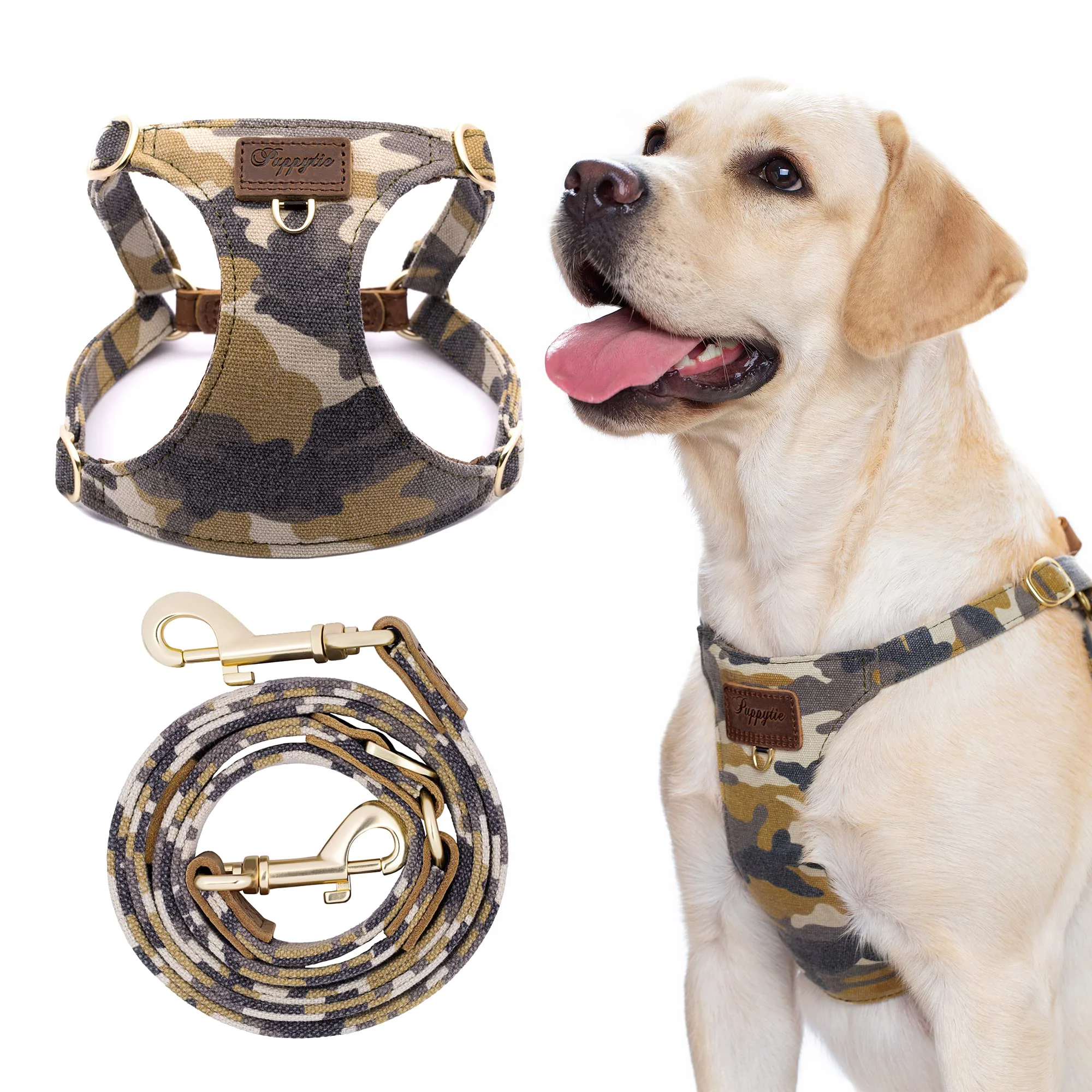 Trusted Puppytie No-Pull Dog Harness for Medium Dogs Adjustable Soft Vest Multi-Function Leash Set Camouflage Brown Slim Large Detailed