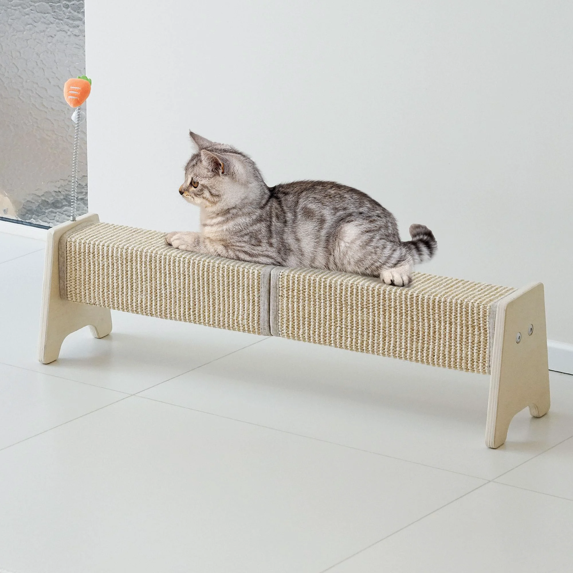 Clean Aberatail 30-Inch Horizontal Sisal Cat Scratching Post with Spring Toy – Durable Indoor Cat Furniture Fashionable