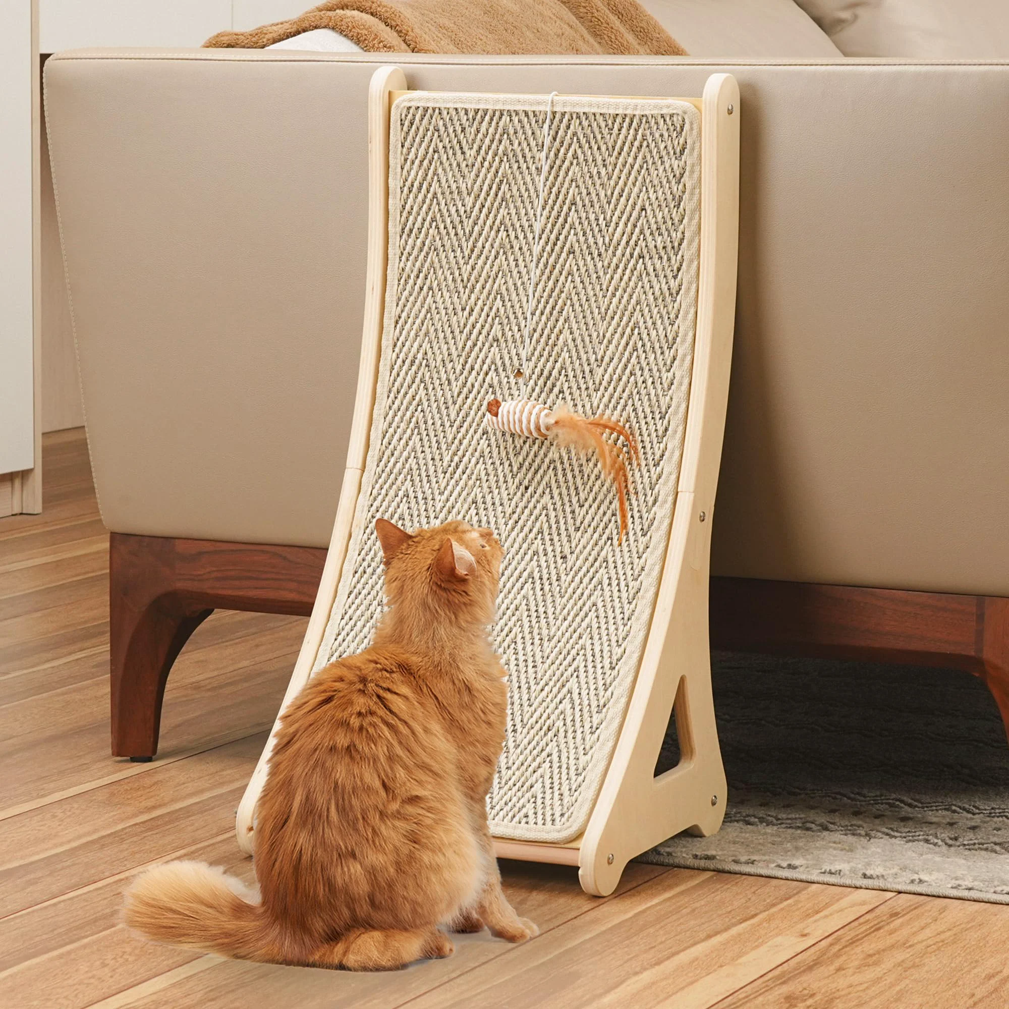 Sophisticated PETKARAY Curved Cat Scratcher — 25.6 Sisal Ramp with Mouse Toy Furniture Protector Chevron Environmentally Friendly