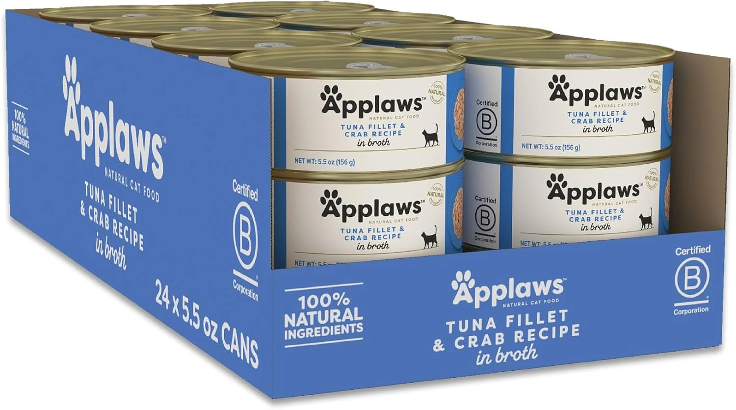 Verified Applaws Natural Wet Cat Food in Broth Limited Ingredient Canned Wet Cat Food No Additives Made with Natural Ingredients Tuna Fillet Crab in Broth 24 x 5.5oz Cans Excellent
