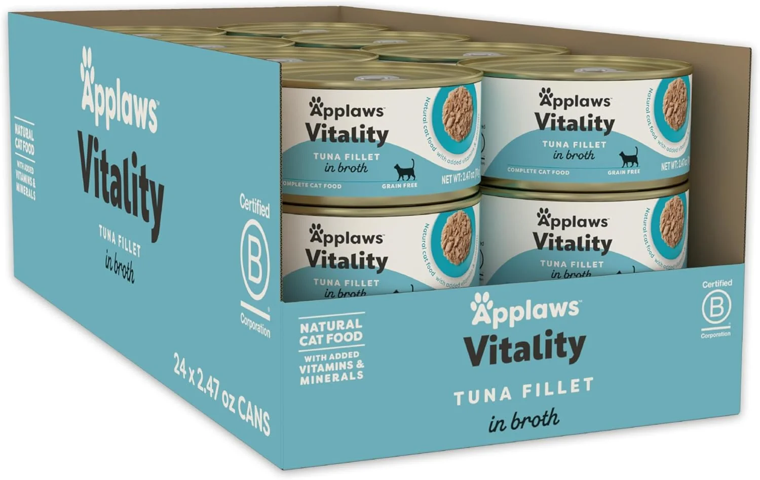 Elegant Applaws Vitality Wet Cat Food in Broth Natural Canned Cat Food Wet Food for Cats with Added Vitamins and Minerals Grain Carrageenan Tuna Fillet in Broth 24 Count 2.47 oz Cans Sophisticated