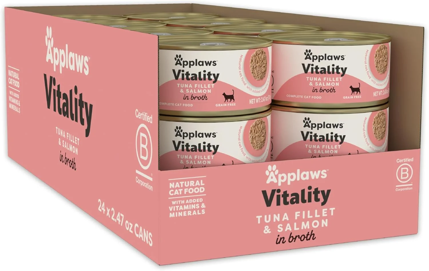 Exclusive Applaws Vitality Wet Cat Food in Broth Natural Canned Cat Food Wet Food for Cats with Added Vitamins and Minerals Grain and Carrageenan Tuna Fillet Salmon in Broth 24 Count 2.47 oz Cans Professional