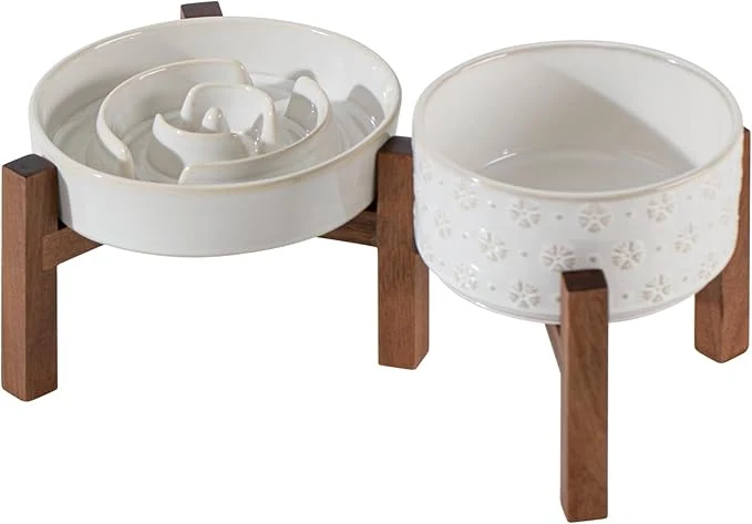 User-Friendly Ceramic 1.2 Cup Raised Slow Feeder Dog Bowl Set d 6.1inch Bowl and 7.3inch Dish with Acacia Wood Stand for Small and Medium Dog 2 x Reactived Glaze -White Stand About ThisOverview Contemporary