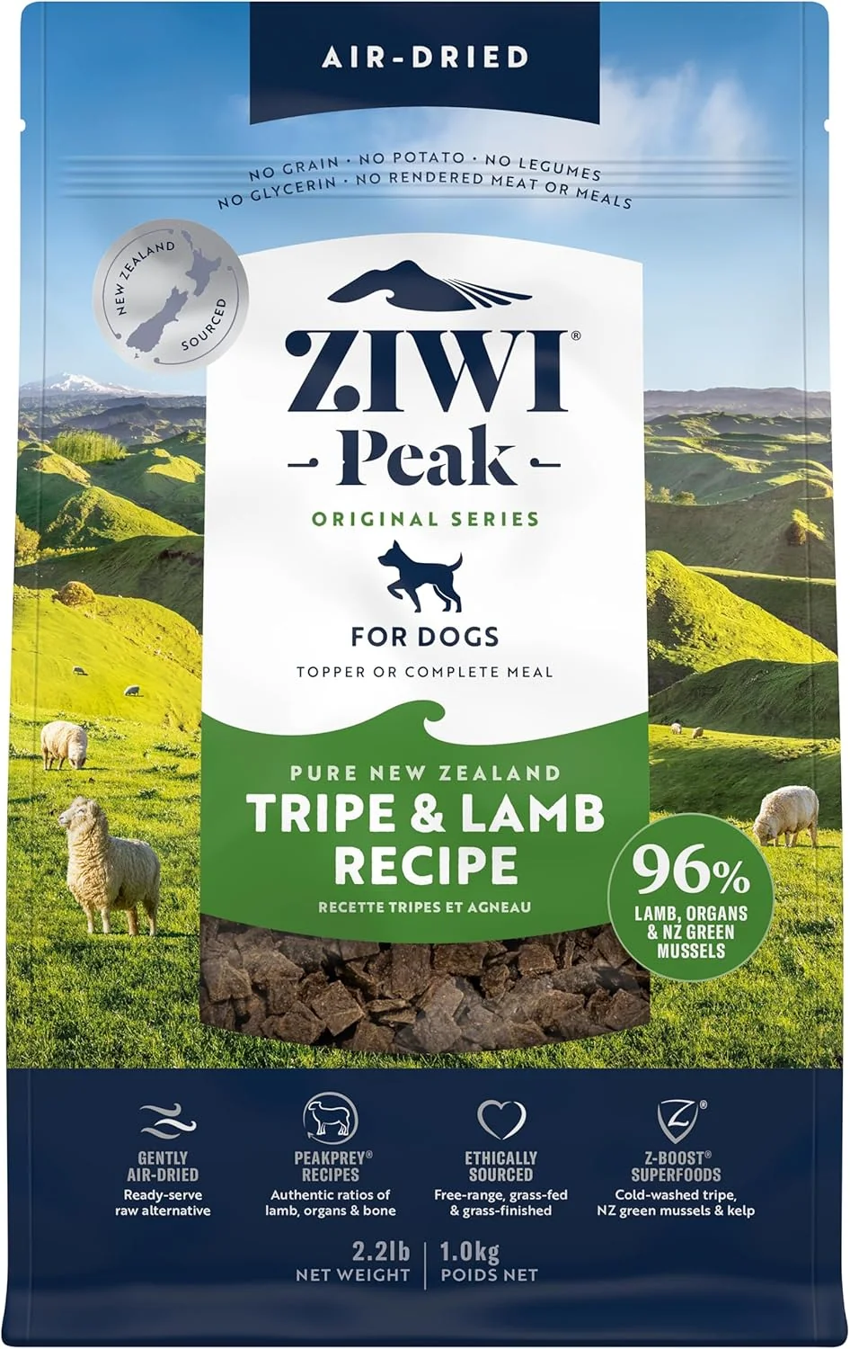 Versatile ZIWI Peak Air-Dried Dog Food – Tripe Lamb - All Natural High Protein Grain Limited Ingredient w Superfoods 35.2oz Green