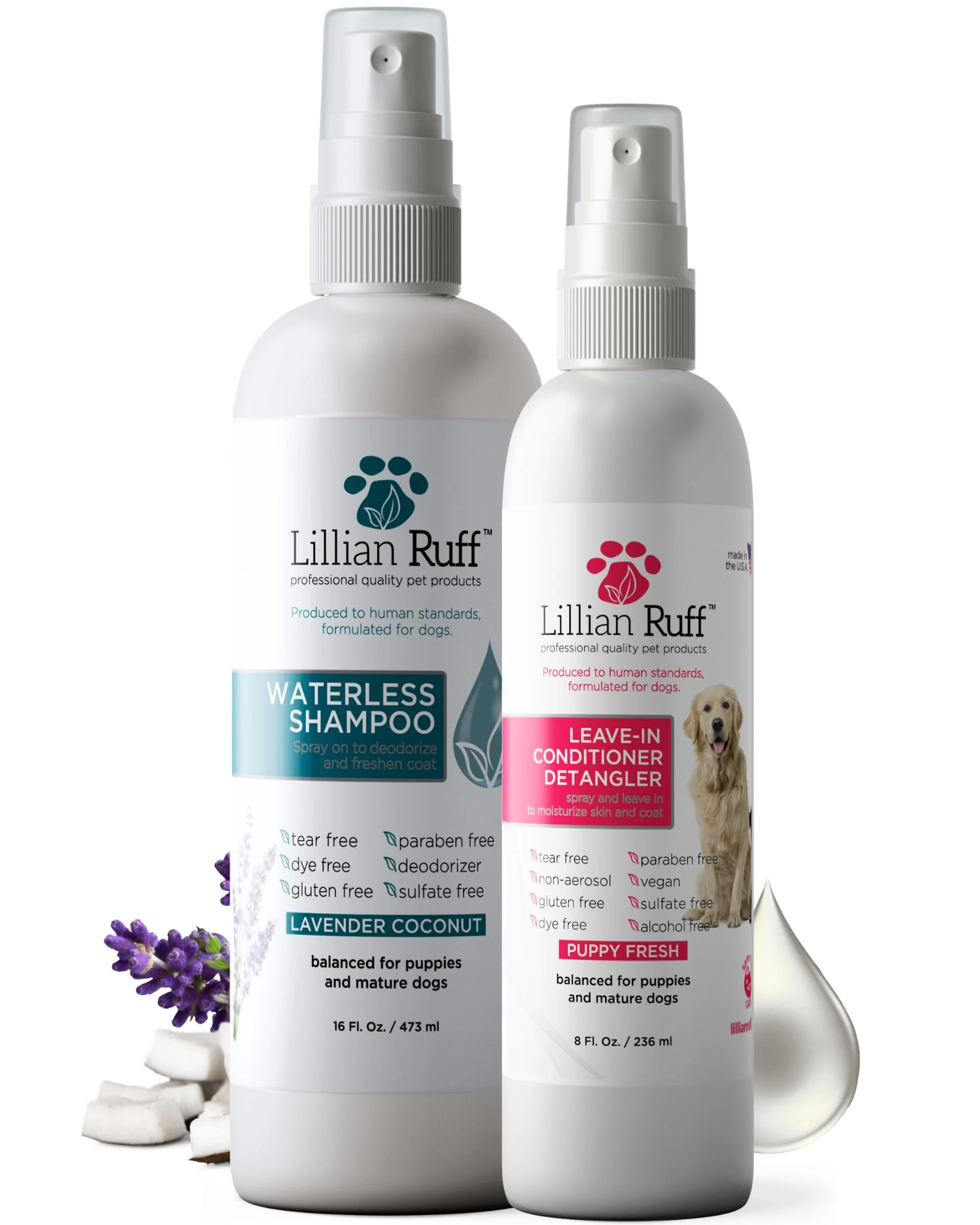 High-Quality Lillian Ruff Waterless No-Rinse Dog Dry Shampoo Leave-In Conditioner Set – pH-Balanced Detangle Deodorize Pure