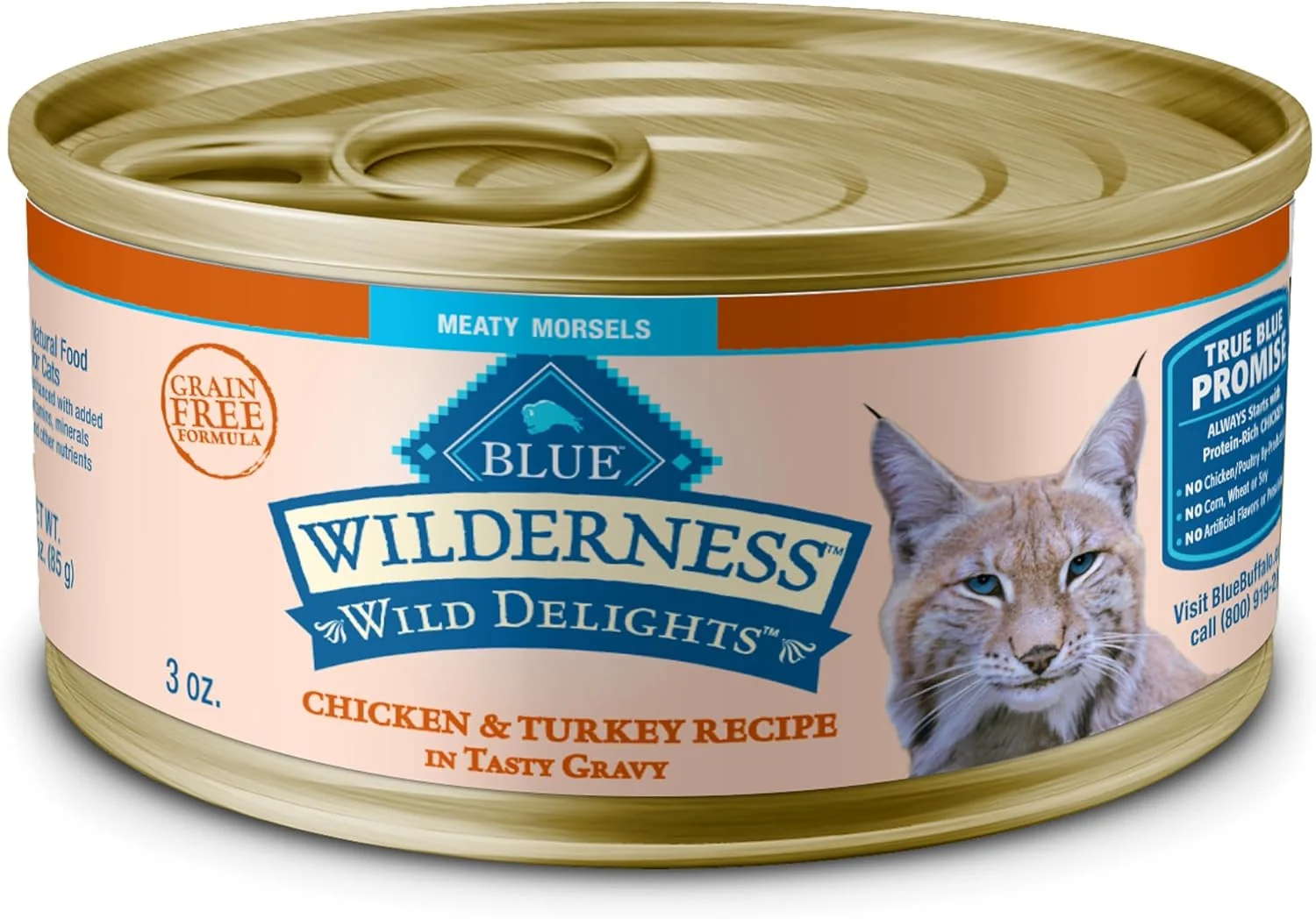 Recyclable Blue Buffalo Wilderness Wild Delights Meaty Morsels Wet Cat Food High-Protein Grain- Made with Natural Ingredients Chicken Turkey Recipe in Tasty Gravy 3-oz. Cans 24 Count Professional