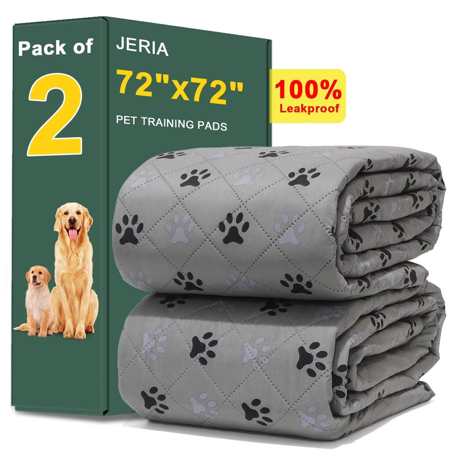 Stylish JERIA 2 Pack 72x72 Waterproof Non-Slip Dog Pee Pads - Reusable Washable Training Mats for Potty Training User-Friendly
