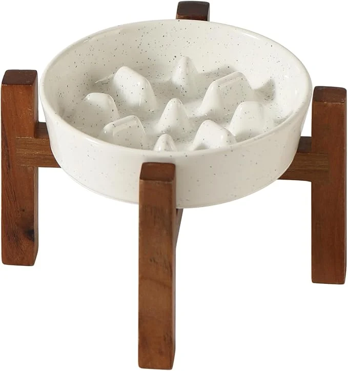 Excellent Ceramic 0.9 Cup Raised Slow Feeder Dog Bowl Set d Bowl with Acacia Wood Stand for Small Dog and Cat 6.1inch Slow Dog Food Dish Helps Stop Bloat 1 Bowl Stand Vanilla White About ThisOverview Premium