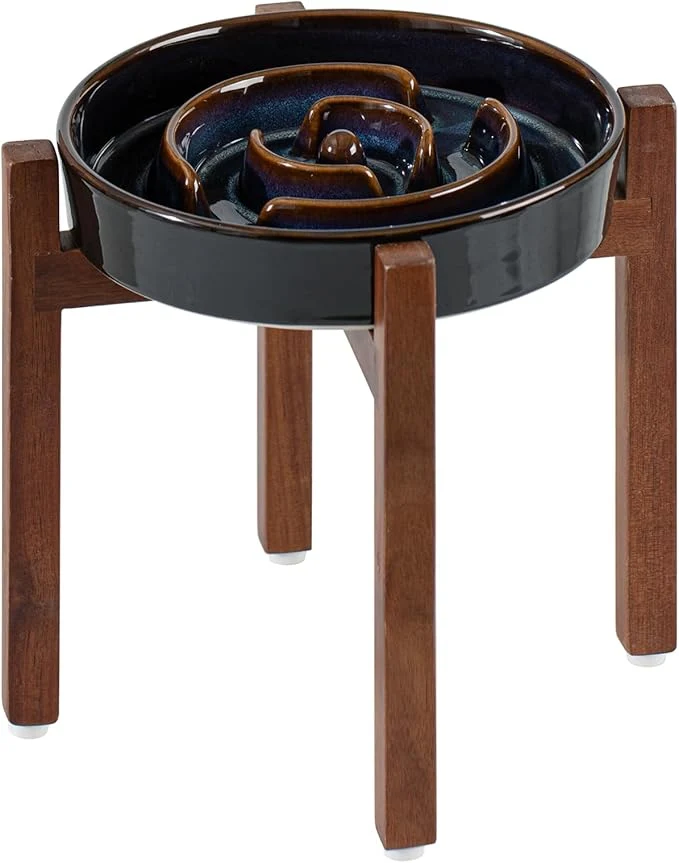 User-Friendly Ceramic 1.6 Cup Raised Slow Feeder Dog Bowl Set d Acacia Wood Detailed