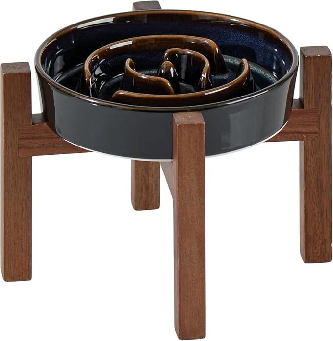 Breathable Ceramic 1.2 Cup Raised Slow Feeder Dog Bowl Set d Acacia Wood Effective