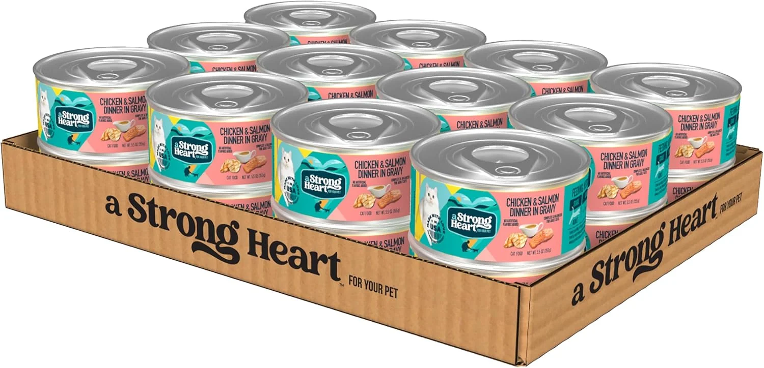 Fine A Strong Heart Canned Wet Cat Food Chicken Salmon Dinner in Gravy - 5.5 oz Cans Pack of 24 Made in The USA with Chicken Salmon First-Class