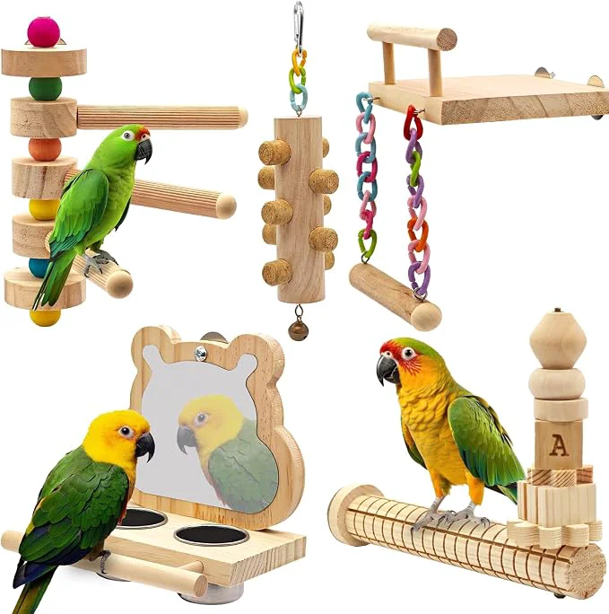 High-Quality 5PCS Bird Perch and Toy Set. Includes a Perch and Chew Toy. Hangable Natural Casual