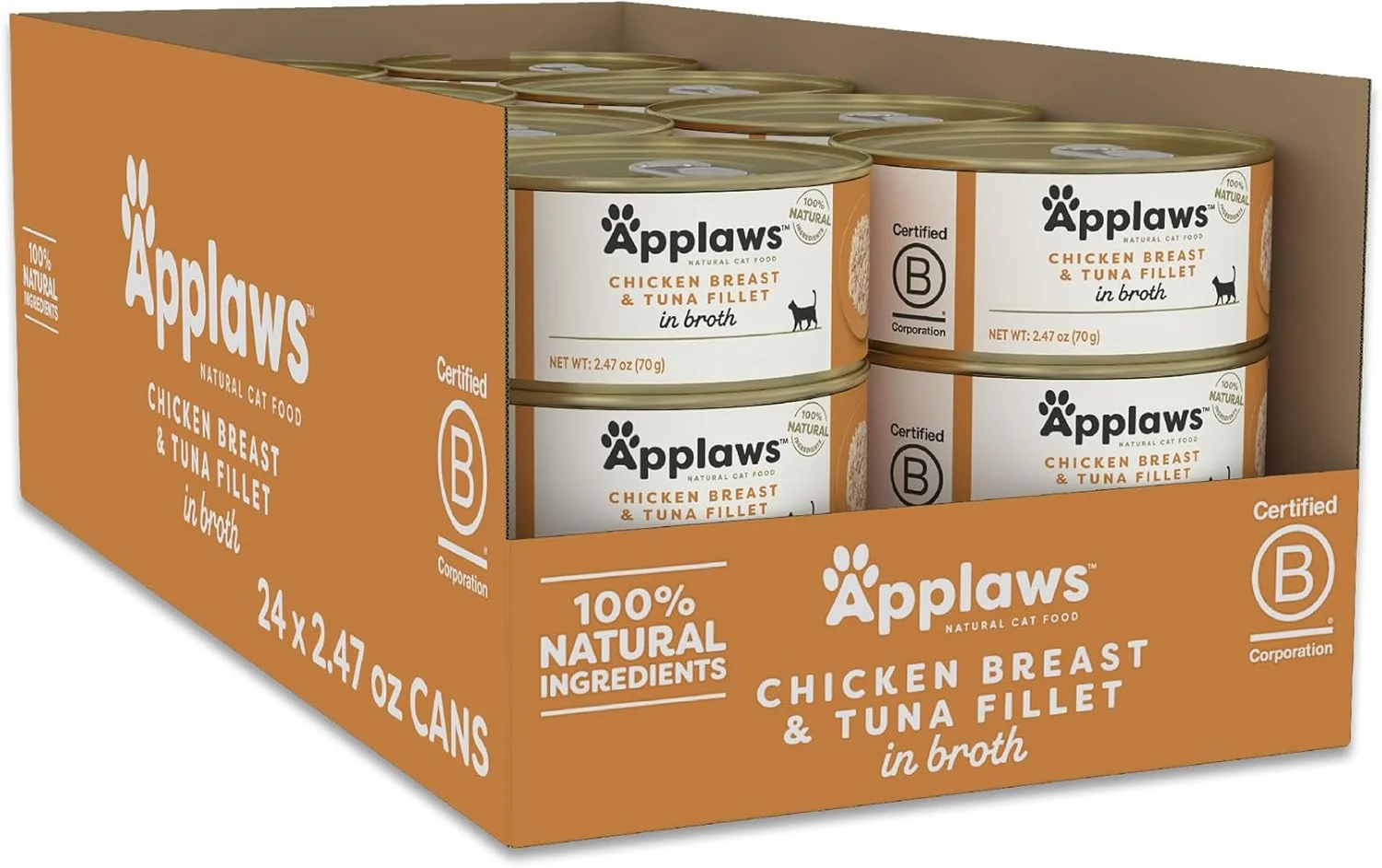 World-Class Applaws Natural Wet Cat Food in Broth Limited Ingredient Canned Wet Cat Food No Additives Made with Natural Ingredients Chicken Breast Tuna Fillet in Broth 24 x 2.47oz Cans Practical