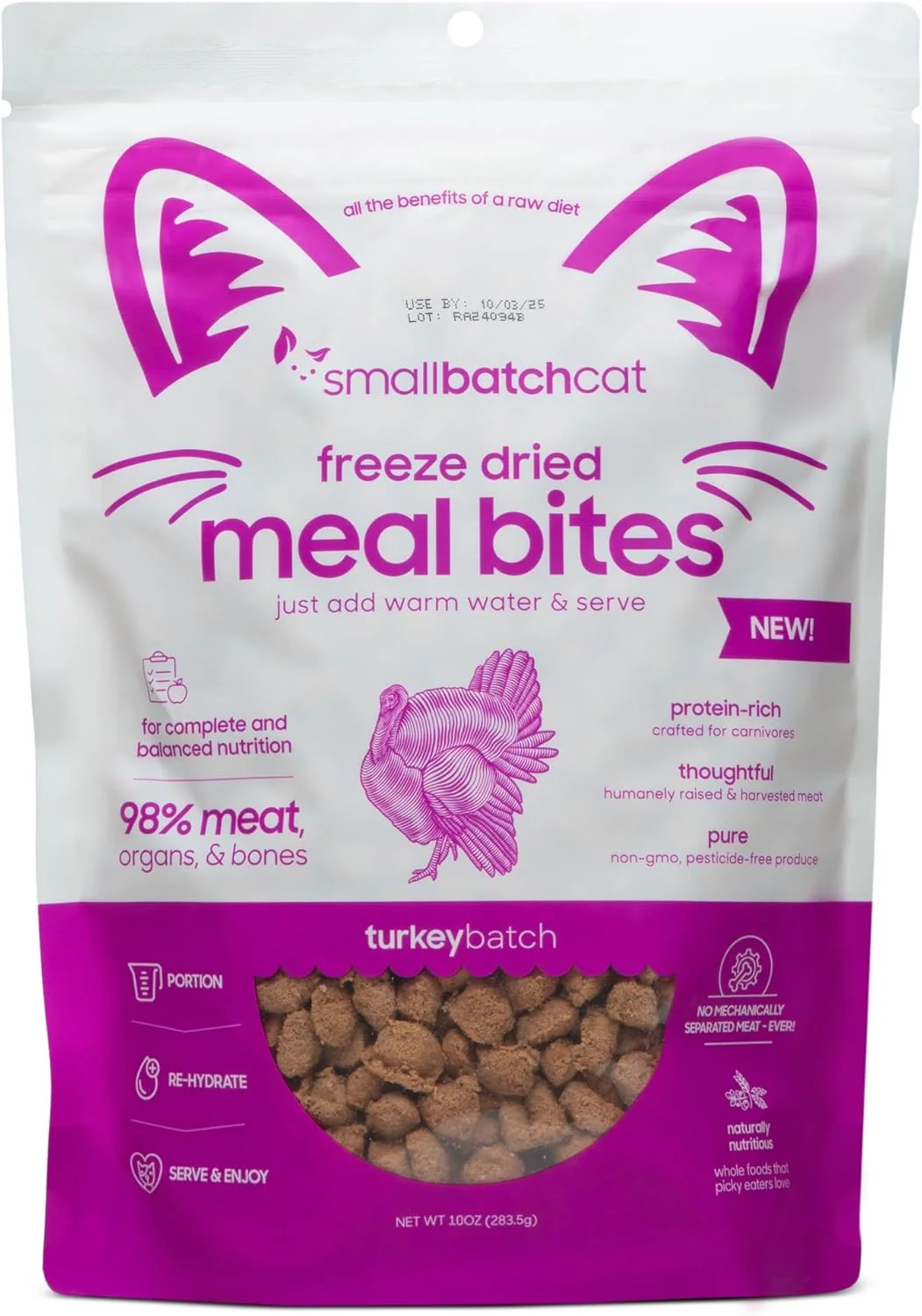 Unique smallbatch Pets ze Dried Cat Treats Raw Dry Cat Food Bites Turkey Recipe High Protein Food Topper or Training Treats for Cats Humanely Sourced Meat Made in The USA Non GMO 10 oz Bag Smart