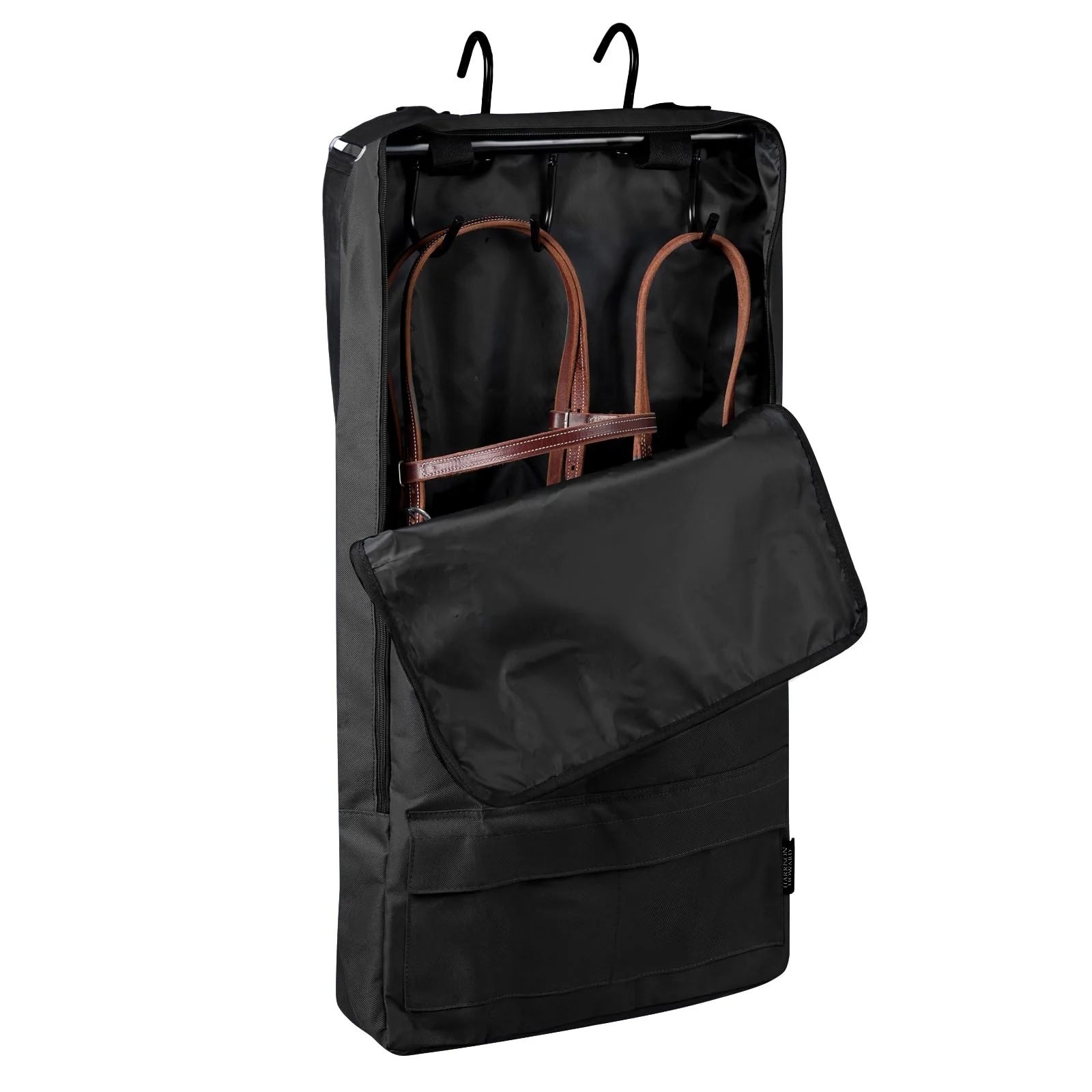 Authentic Harrison Howard Bridle Halter Bag with 3 Prong Tack Rack – Waterproof Horse Tack Carry Bag Piano Black Secure