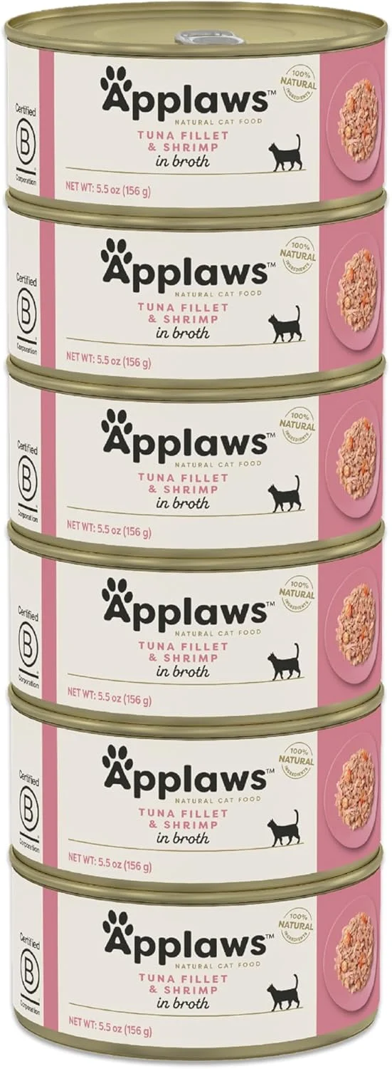 Effective Applaws Natural Wet Cat Food in Broth Limited Ingredient Canned Wet Cat Food No Additives Made with Natural Ingredients Tuna Fillet Shrimp in Broth 6 x 5.5oz Cans