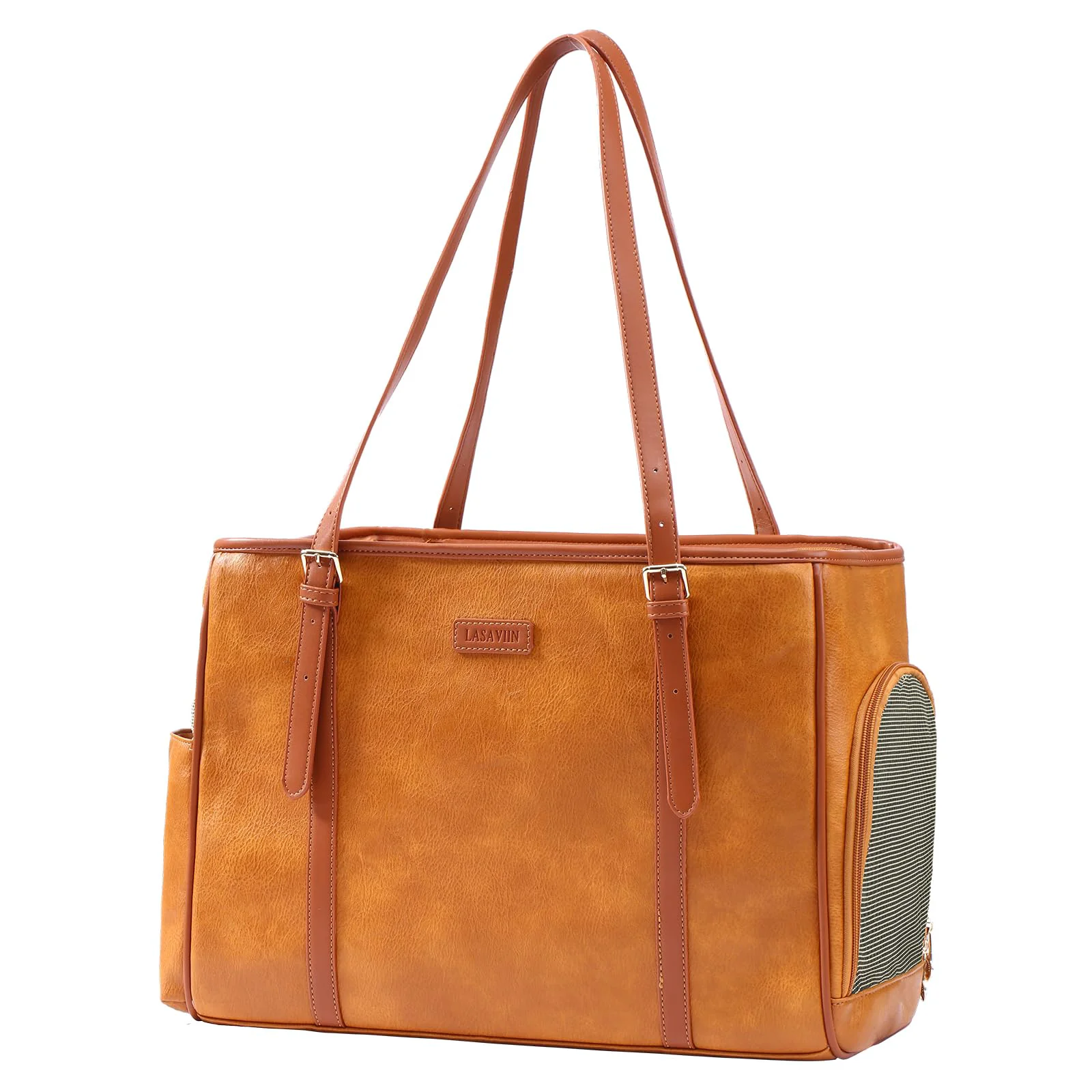 Unique Lasaviin Fashion Dog Purse Carrier – Soft Vegan Leather Tote for Small Dogs Cats Airline Brown Easy-to-Use