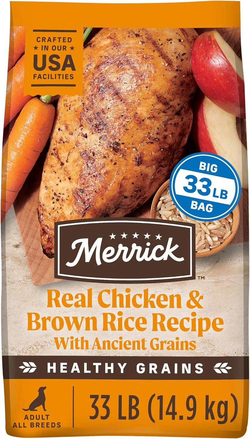 Sustainable Merrick Healthy Grains Premium Adult Dry Dog Food Wholesome and Natural Kibble with Chicken and Brown Rice - 33.0 lb. Bag Next-Generation