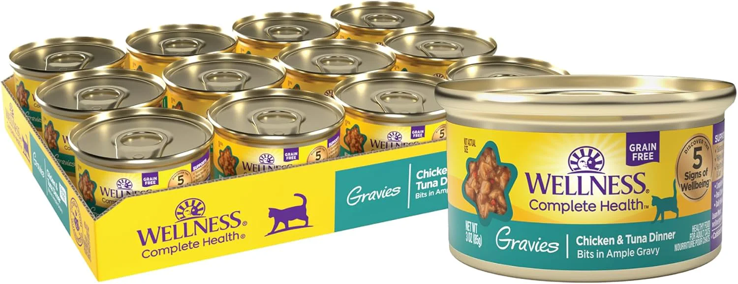 Easy-to-Use Wellness Complete Health Gravy Adult Wet Cat Food Natural Protein-Rich Grain 3 Ounce 12 Pack Chicken Tuna Dinner Fast