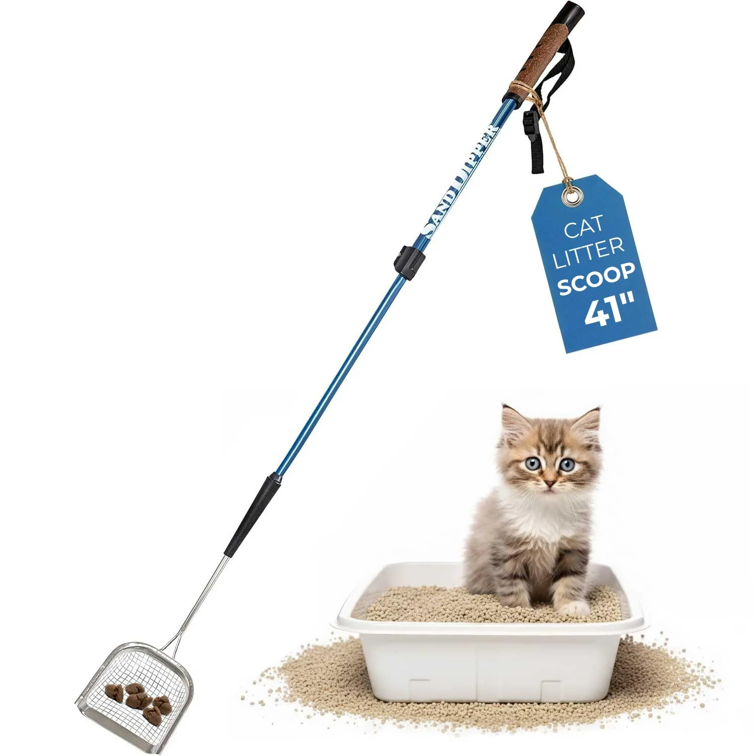 Superior Sand Dipper Metal Cat Litter Scoop – 41in Long-Handle Heavy-Duty Stainless Steel Kitty Litter Scoop Mid-Adjustable Minimalist