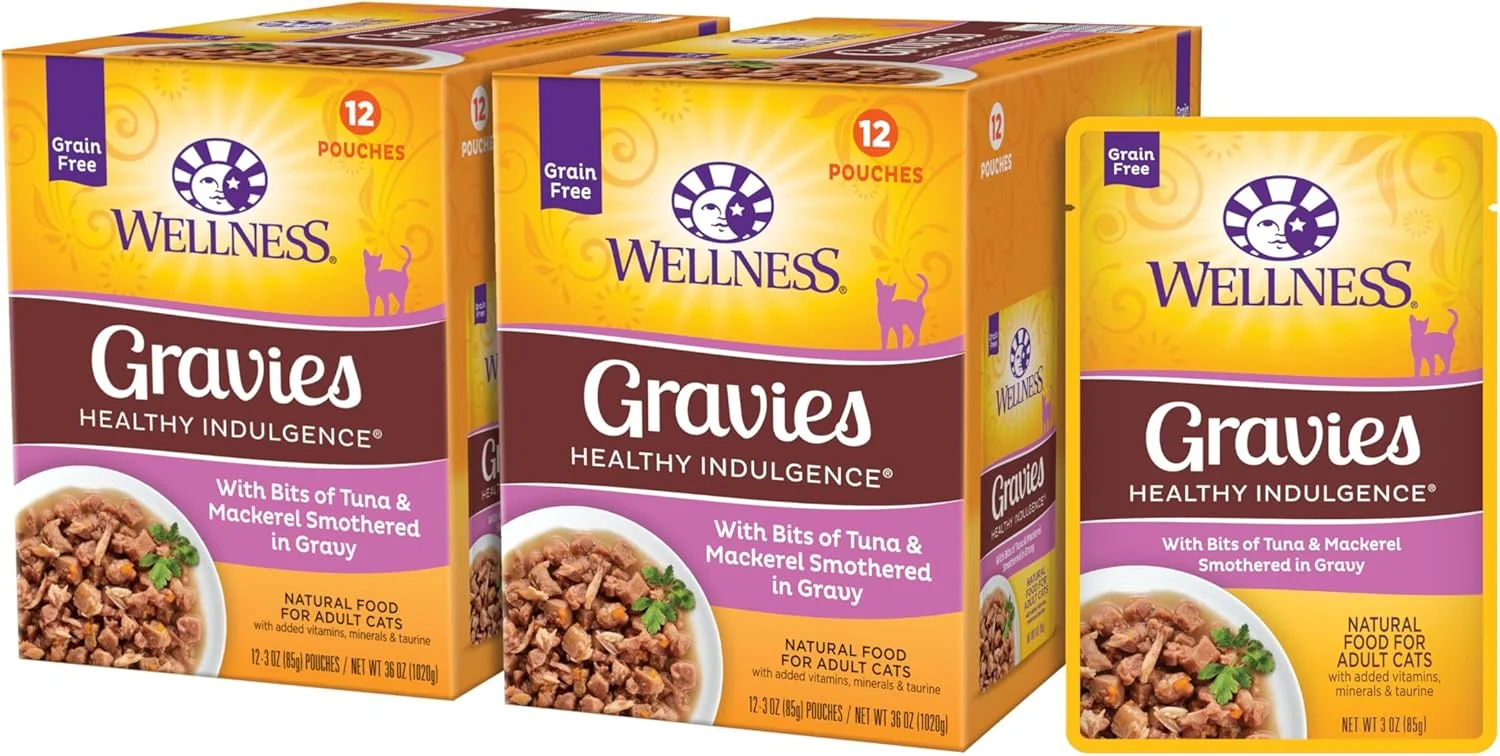Safe Wellness Healthy Indulgence Gravy Adult Wet Cat Food Natural Protein-Rich Grain 3 Ounce Pouch 24 Pack Tuna Mackerel Detailed