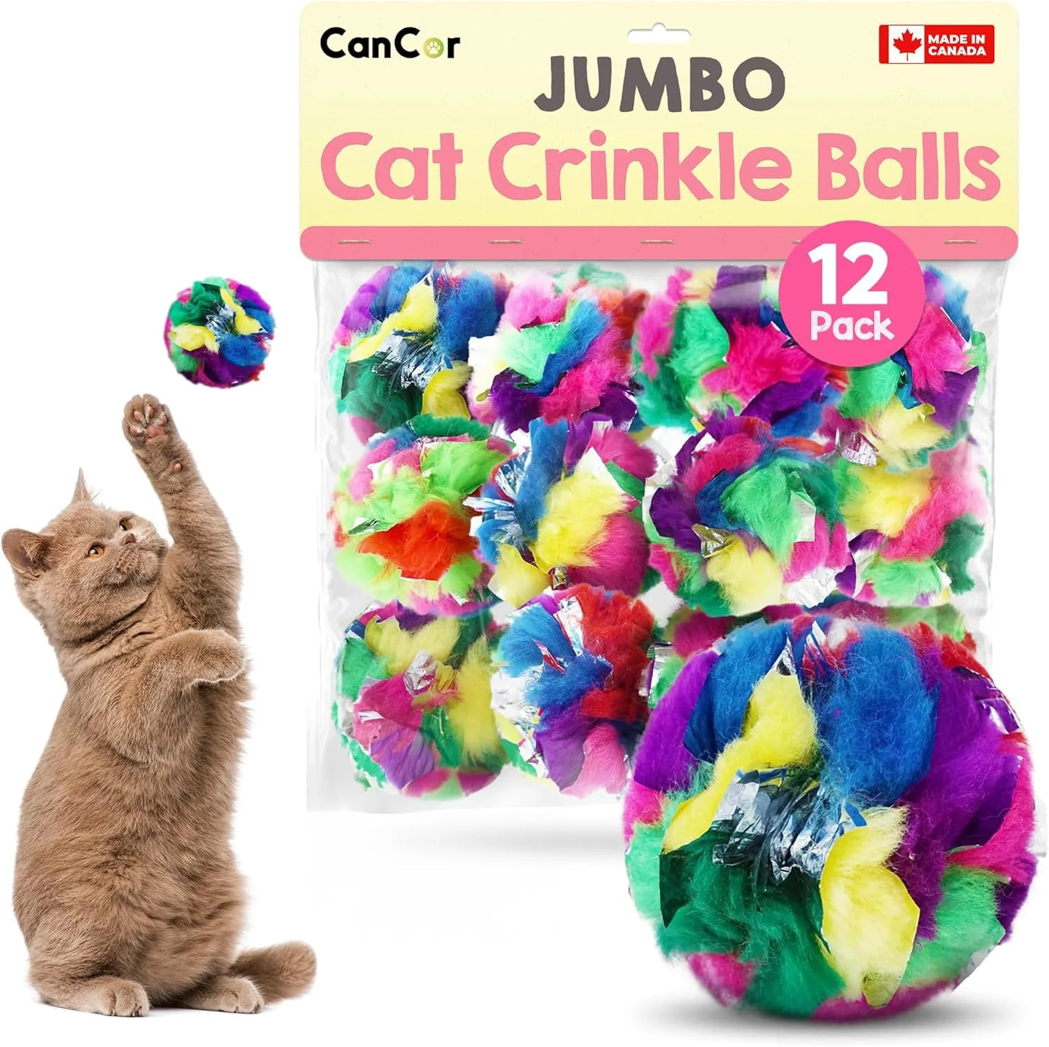 Traditional Cancor Innovations Jumbo Cat Crinkle Balls 3.5 Inch 12 Pack – Safe Lightweight Indoor Cat Toy Soft