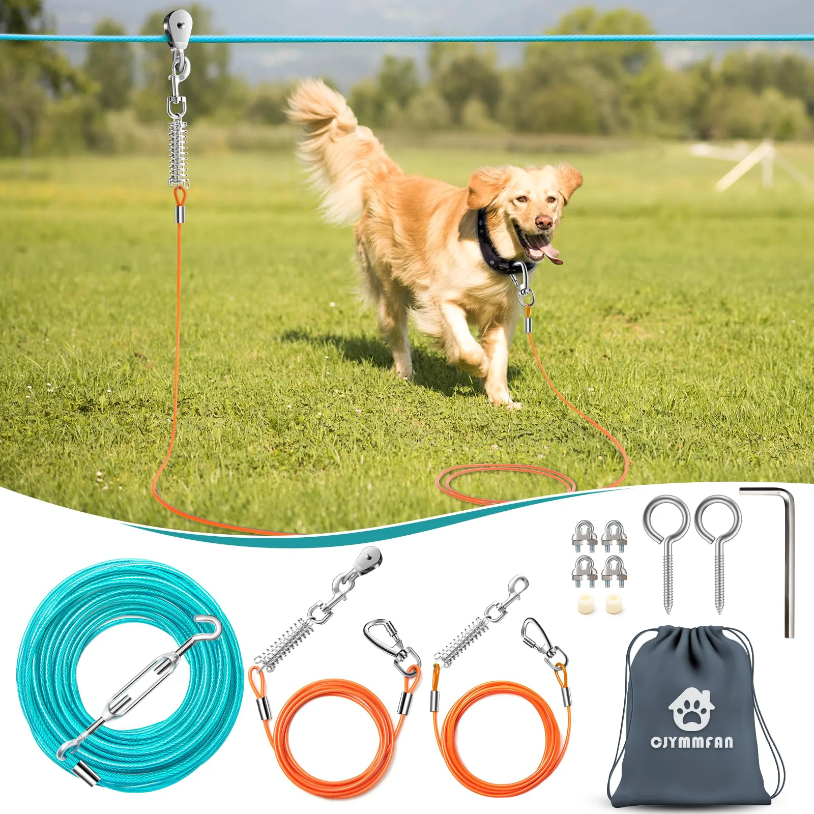Original CJYMMFAN Professional Dog Runner Trolley System — Heavy-Duty 100ft Zip Line for Large Dogs Quality