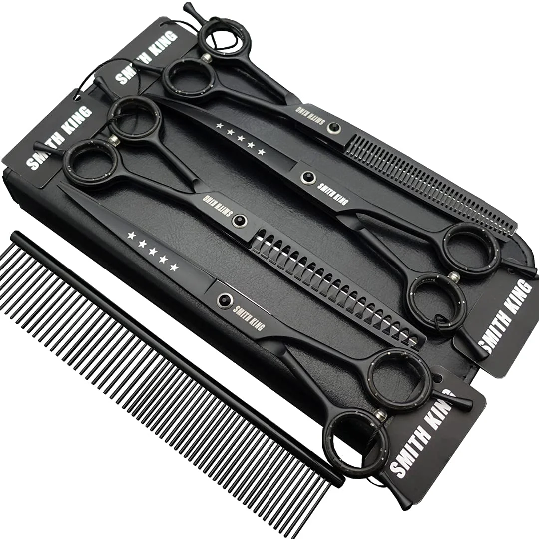 Soft Smithking 7.0in Professional Dog Grooming Scissors Set – 5pcs in 1 Left Right Handed Black Relaxed