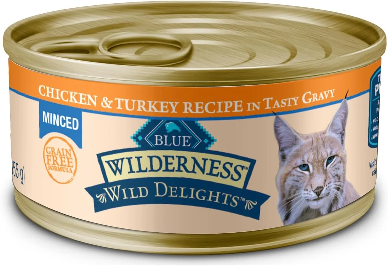 Expertly Made Blue Buffalo Wilderness Wild Delights Minced Natural Wet Cat Food Chicken Turkey in Tasty Gravy 5.5-oz. Cans 24-Pack Sustainable