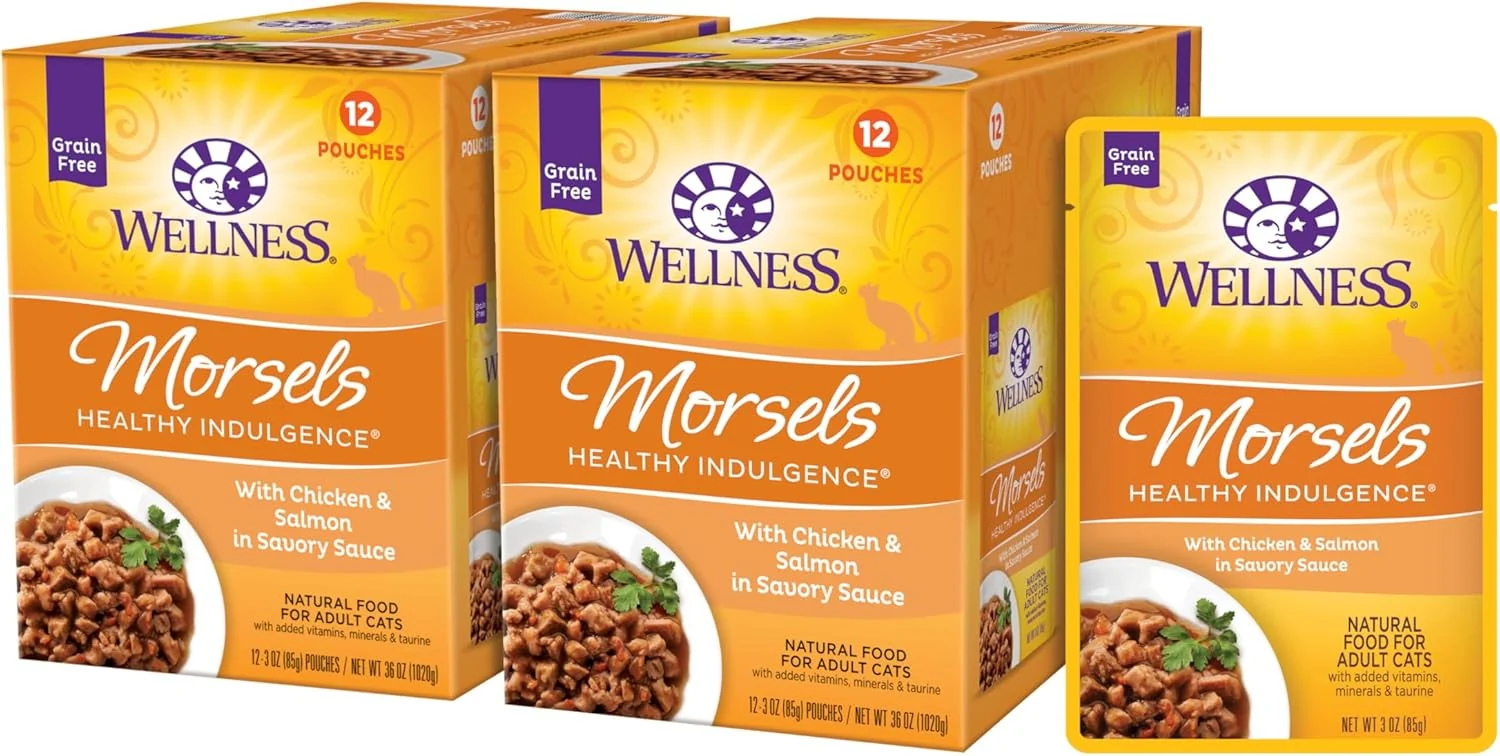 Luxury Wellness Healthly Indulgence Morsels Adult Wet Cat Food Natural Protein-Rich Grain 3 Ounce Pouch 24 Pack Chicken Salmon Fashionable