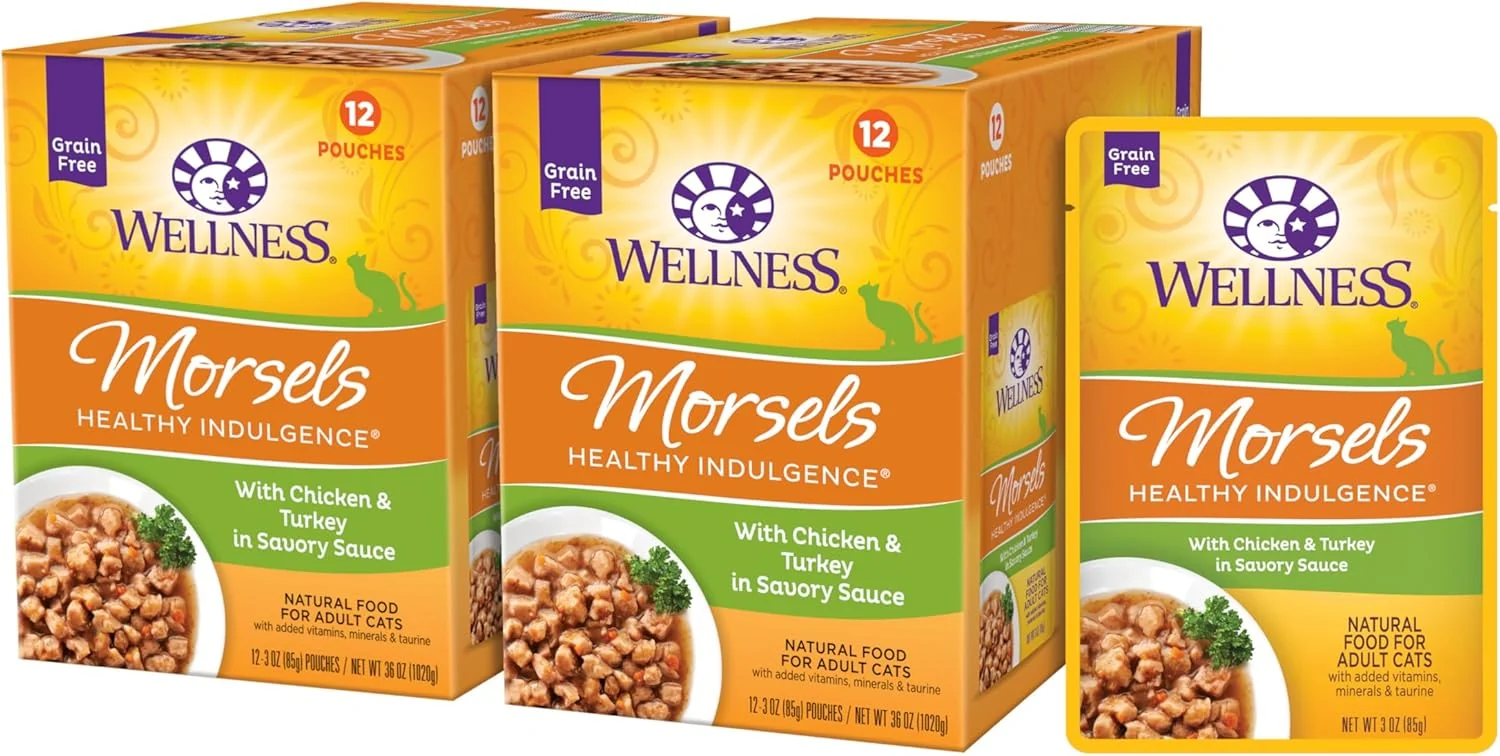 User-Friendly Wellness Healthly Indulgence Morsels Adult Wet Cat Food Natural Protein-Rich Grain 3 Ounce Pouch 24 Pack Chicken Turkey First-Class