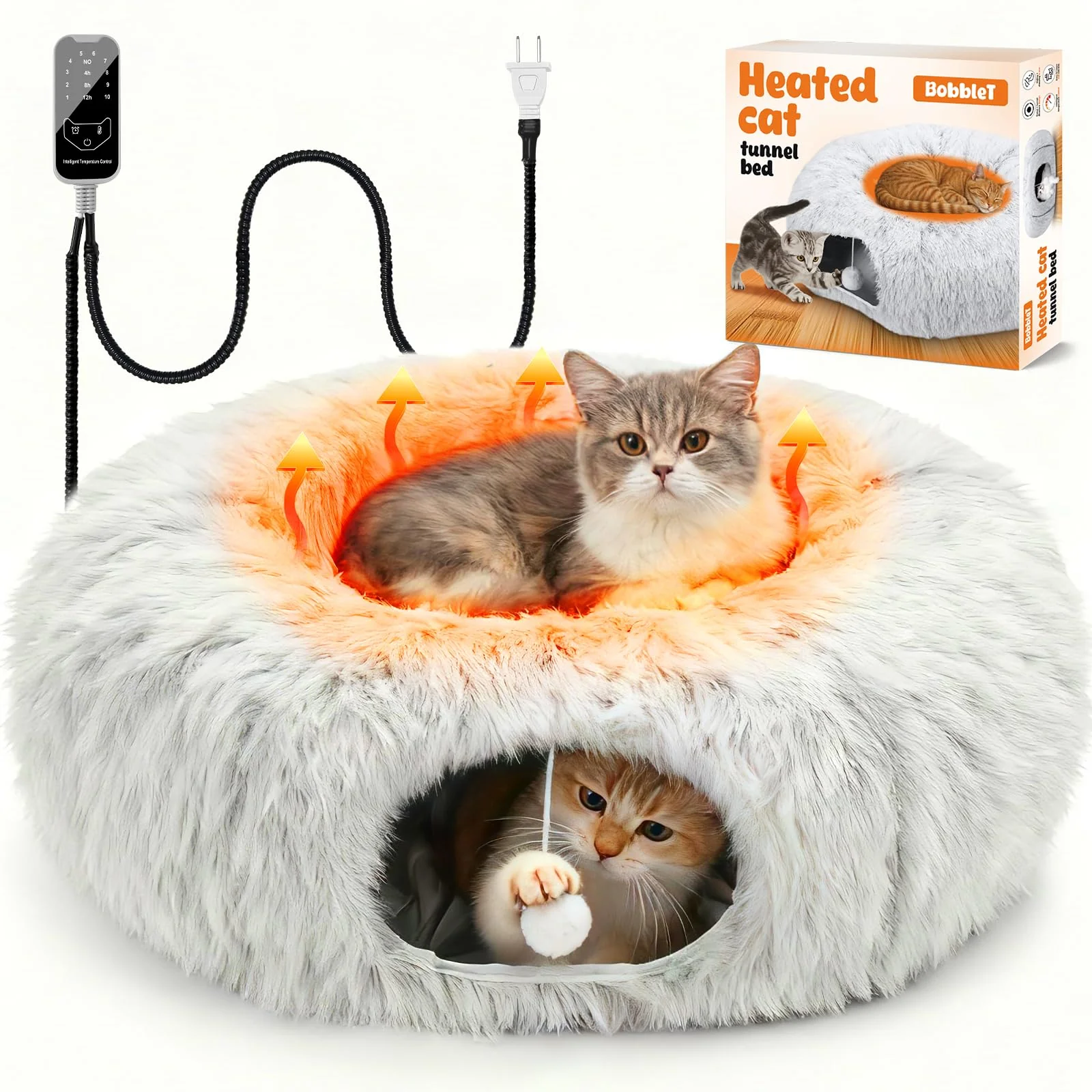 Stylish PJT Heated Cat Tunnel Bed Indoor – 31.5'' Cozy Donut Peekaboo Cave with Temp Control Removable Warming Pad Breathable