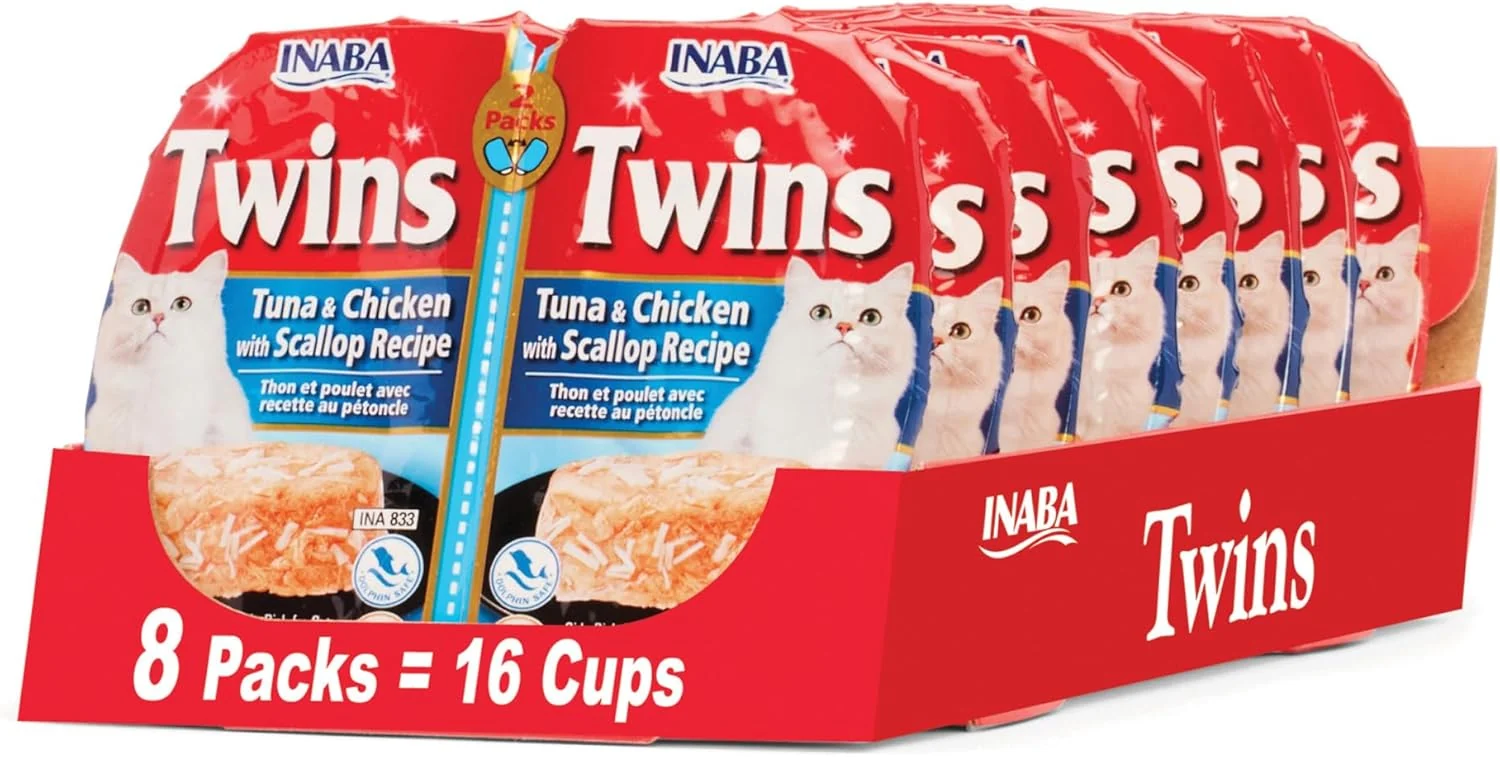 Exclusive INABA Twins for Cats Side Dish Topper Cups 1.23 Ounces per Serving 16 Servings Tuna Chicken with Scallop Recipe Fine