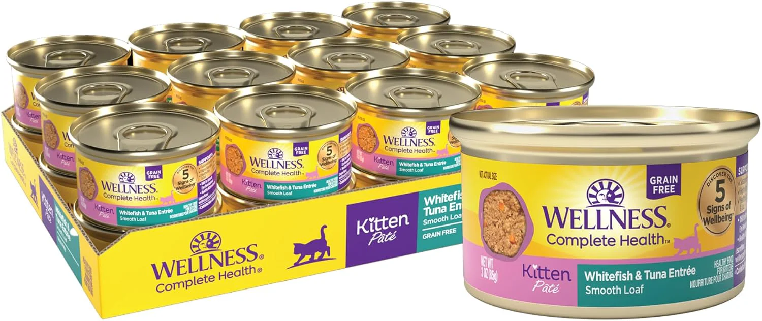 Carefully Designed Wellness Complete Health Pate Kitten Wet Cat Food Canned Food Natural Protein-Rich Grain 3 Ounce Cans 24 Pack Whitefish Tuna Exclusive