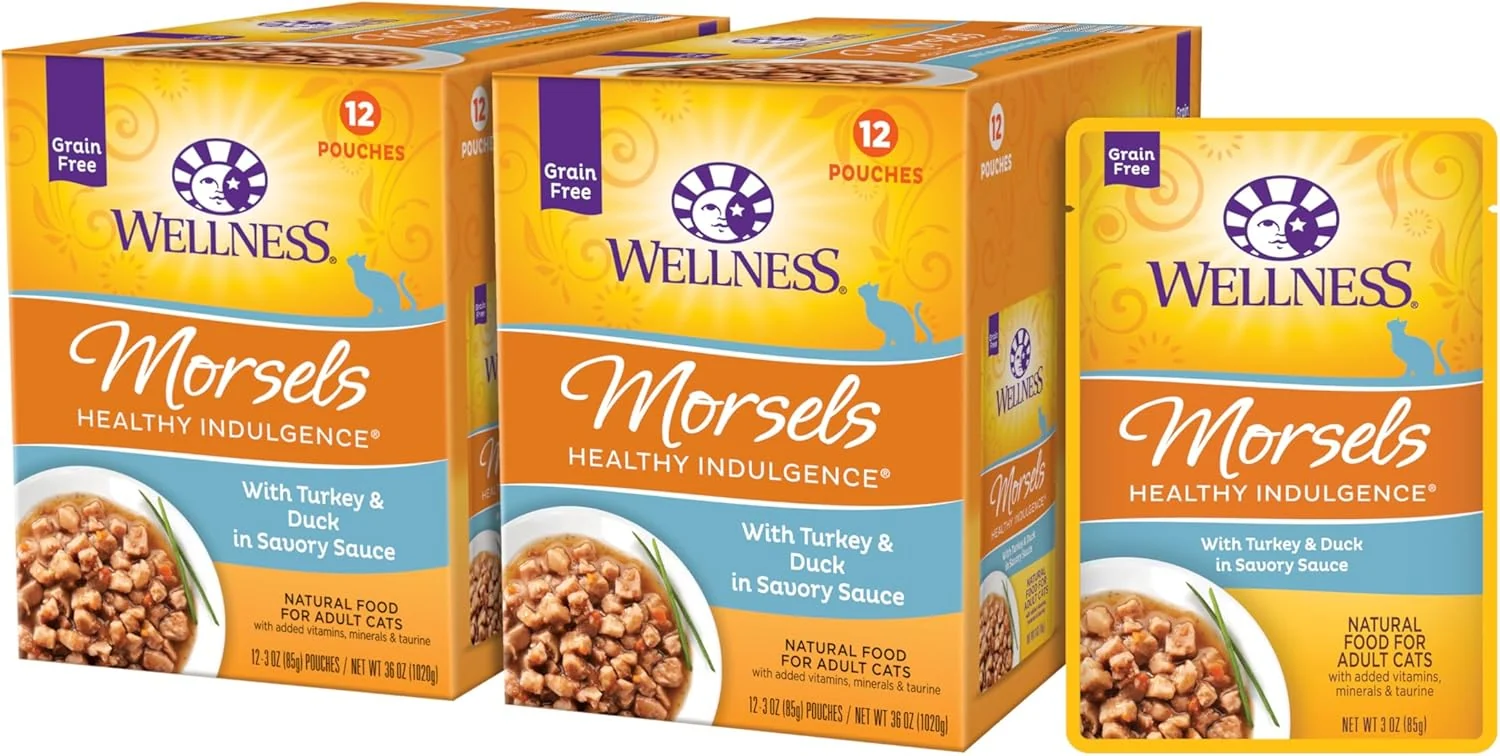 Original Wellness Healthly Indulgence Morsels Adult Wet Cat Food Natural Protein-Rich Grain 3 Ounce Pouch 24 Pack Turkey Duck Verified