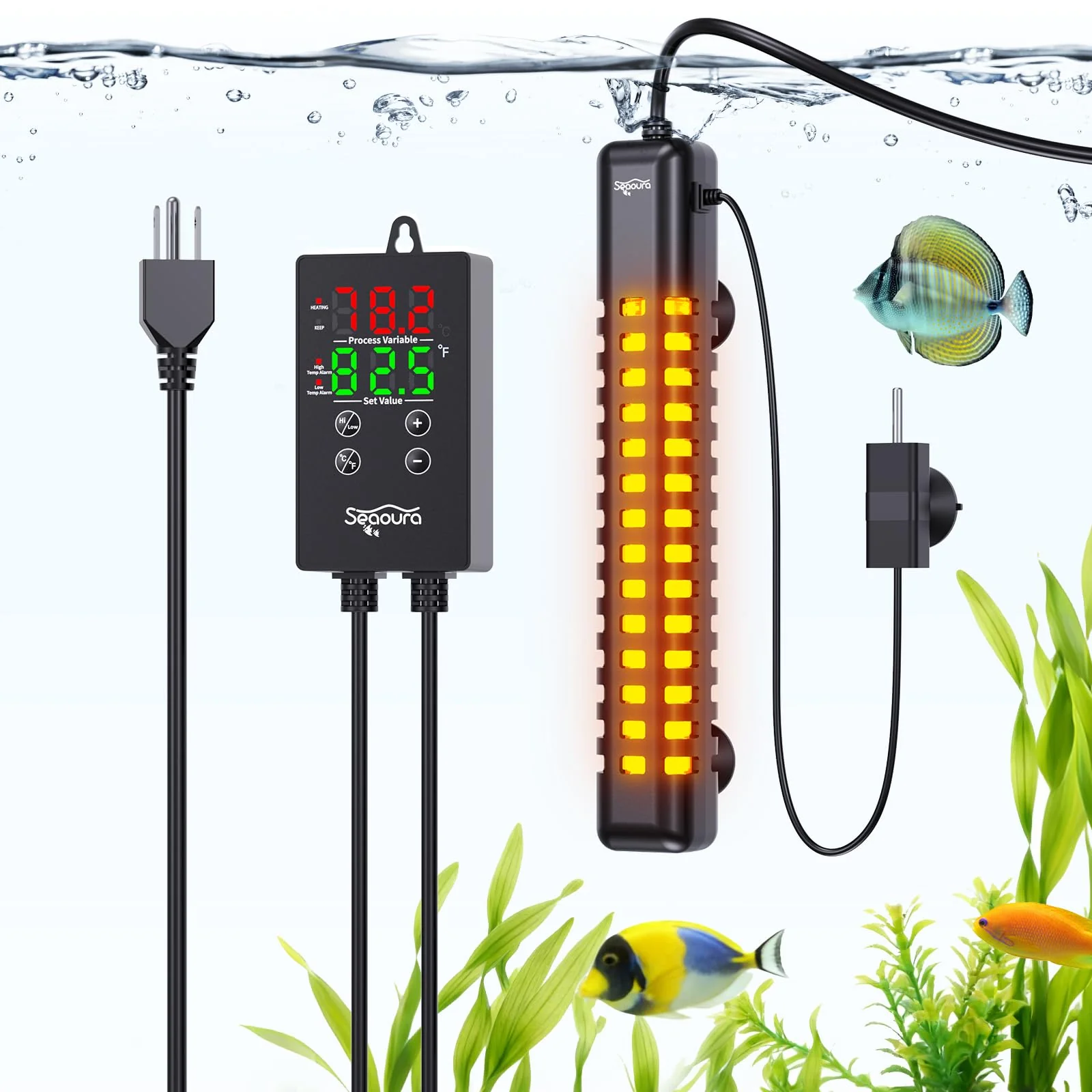 Lightweight SEAOURA Aquarium Heater 300W for 50-60 Gallon Tanks Submersible Over-Temp Protection Intelligent Controller Long-Lasting