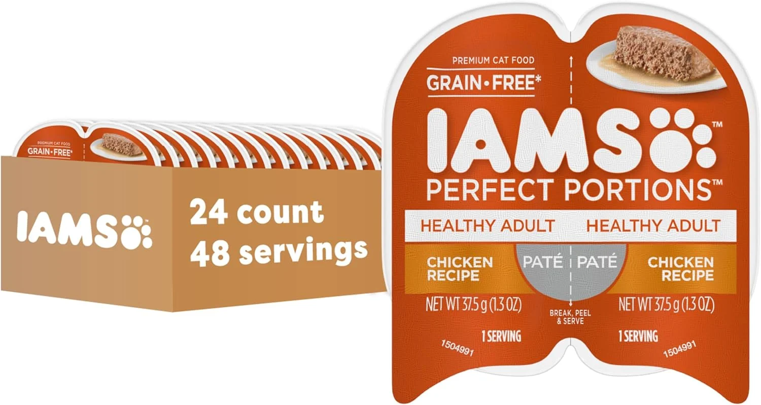 Durable IAMS Portions Healthy Adult Grain Wet Cat Food Pate Chicken Recipe 2.6 oz. Easy Peel Twin-Pack Trays 24 Count 48 Servings Natural