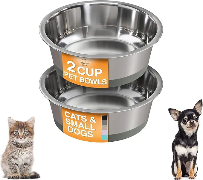 Effective Neater Pet Brands Stainless Steel Dog Bowls with Non-Slip Rubber Bottom – 2 Cup 16 oz Gray - Set of 2 Heavy Duty Metal Dog Bowls Dishwasher Safe Food or Water Bowl I for Small Dogs CatsAbout ThisOverview Functional