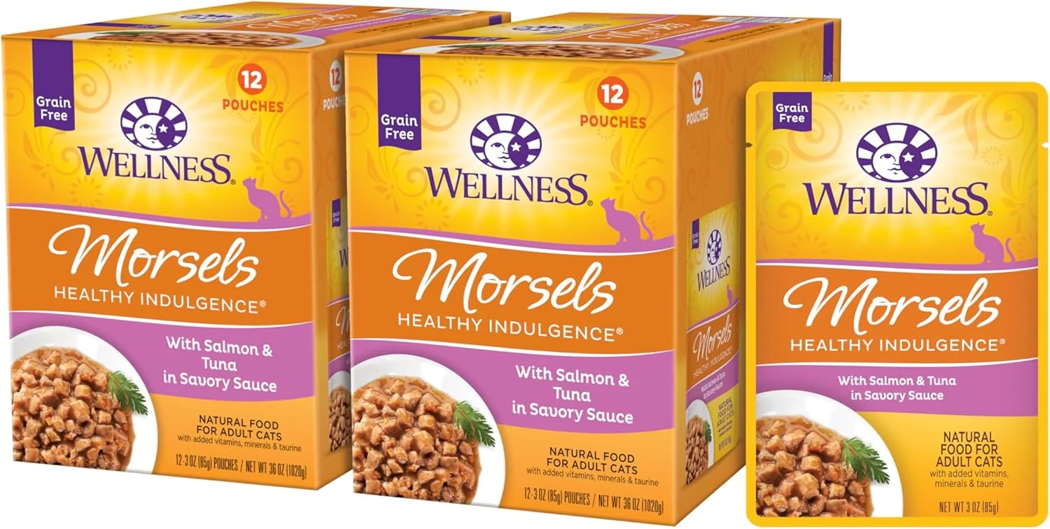 Exceptional Wellness Healthly Indulgence Morsels Adult Wet Cat Food Natural Protein-Rich Grain 3 Ounce Pouch 24 Pack Salmon Tuna Clean