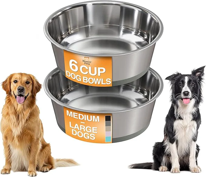 Secure Neater Pet Brands Stainless Steel Dog Bowls with Non-Slip Rubber Bottom – Set of 2 6 Cup 48 oz Gray - Heavy Duty Metal Dog Bowl Dishwasher Safe Food or Water Bowl I for Large DogsAbout ThisOverview Organic