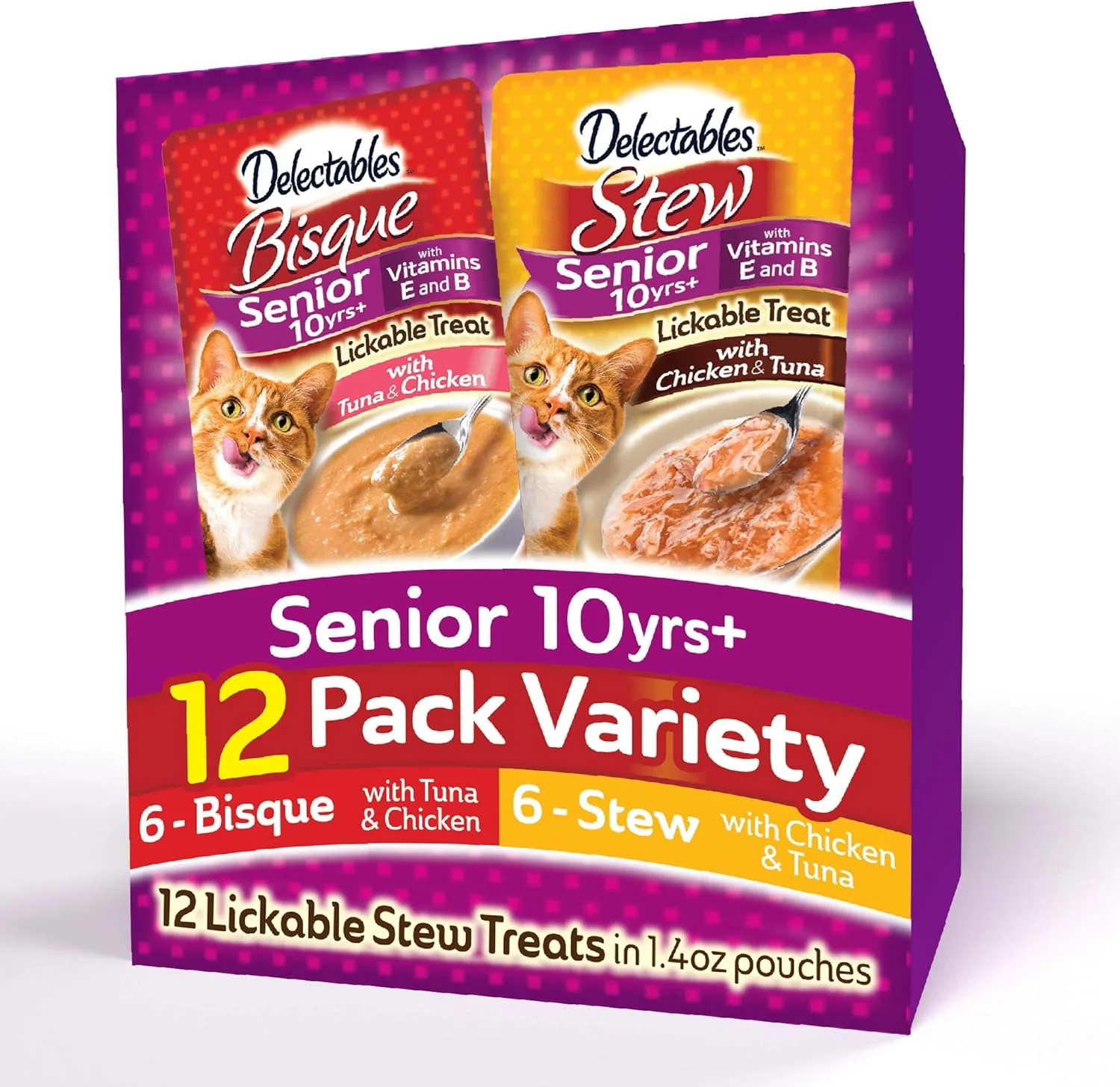 Genuine Delectables Senior Stew Bisque Lickable Wet Cat Treats Variety Pack Official