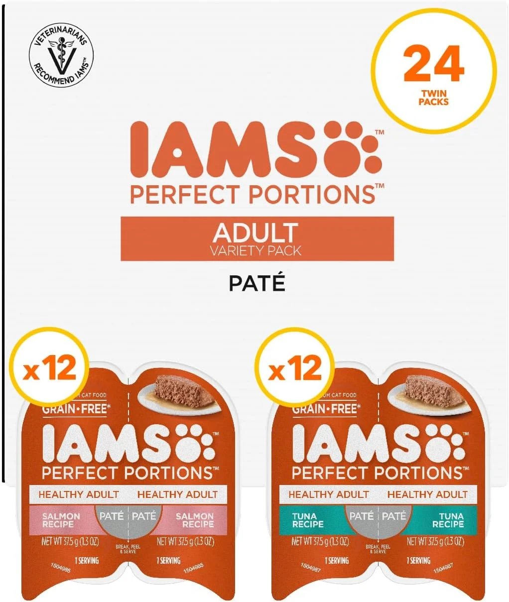 Genuine IAMS Portions Healthy Adult Wet Cat Food Pate Salmon and Tuna Recipe Variety Pack 2.6 oz. Twin-Pack Trays 24 Count 48 Servings Selected