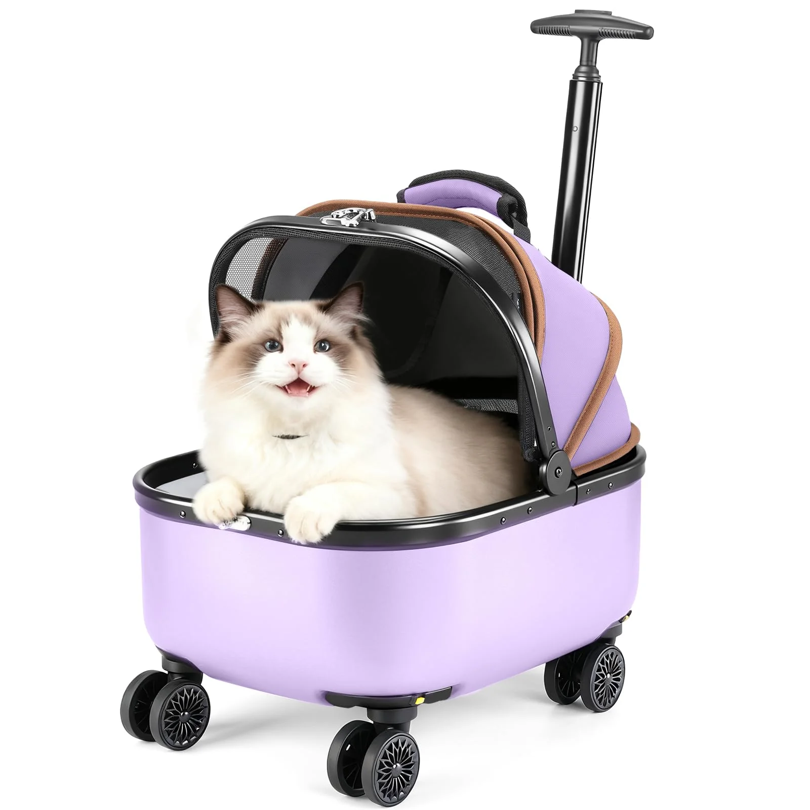 Easy-to-Use Lekereise Cat Carrier with Wheels Purple – 180° Wide-Open Rolling Carrier for Café Outings Dependable