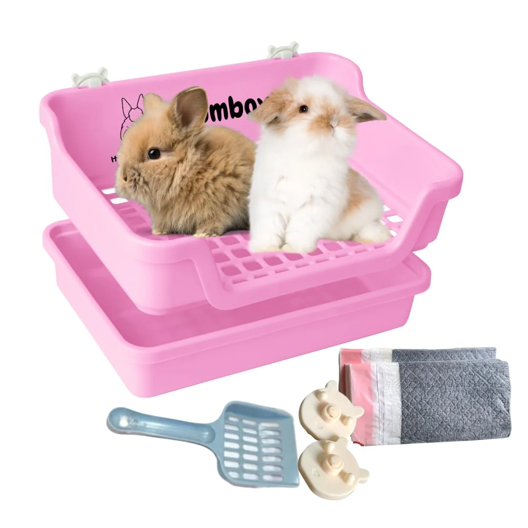 Environmentally Friendly HoppScotch.bun Bumbox Large Rabbit Litter Box – 15.75-inch Training Cage Pink Natural