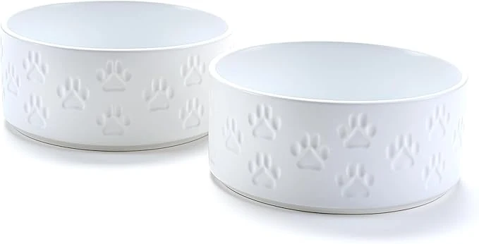 Original Design SPUNKYJUNKY Ceramic Dog and Cat Bowls 2 Pack 6.1'' Dog and Cat Food Water Double Feeding Bowls Non-Slip for Large Sized Breed Microwave Dishwasher Safe - 28.7 OZ 2pcs Paw WhiteAbout ThisOverview Responsible