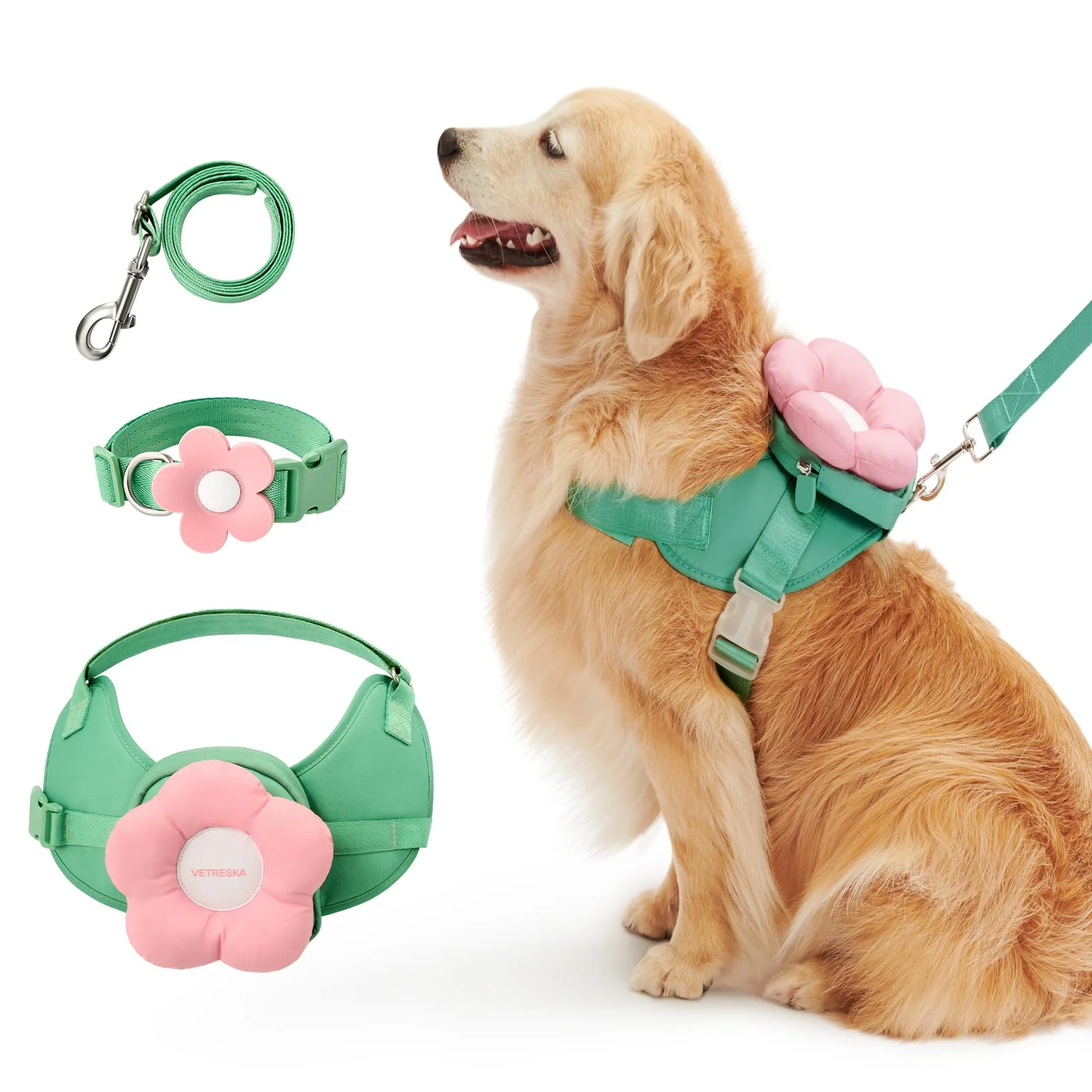 Comfortable VETRESKA Flora Dog Harness Leash Collar Set – No-Pull Adjustable Padded Size L Versatile