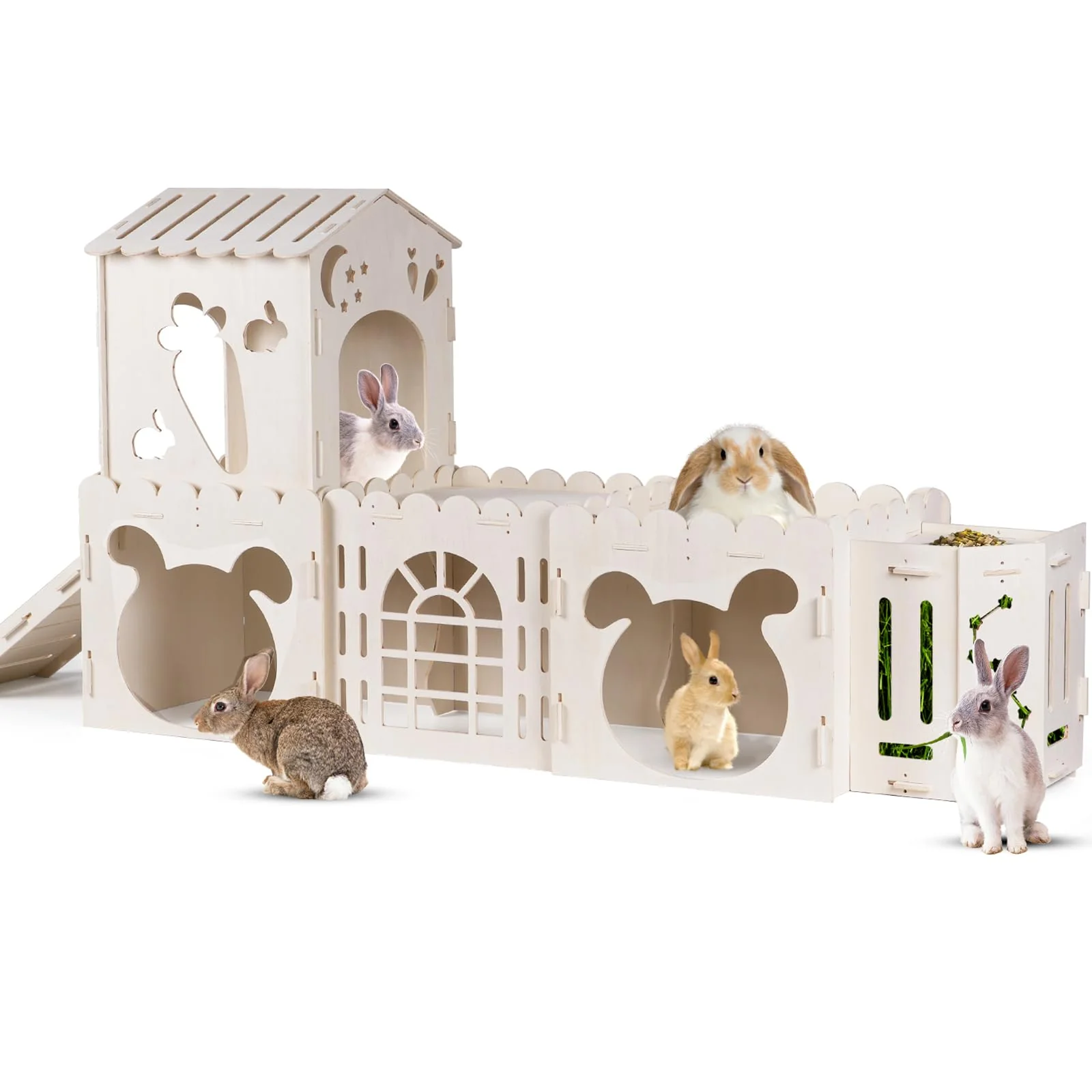 Detailed Orekemo Extra Large Rabbit House — Wooden Multistory Castle with 4 Houses Hay Feeder Bowl Smart